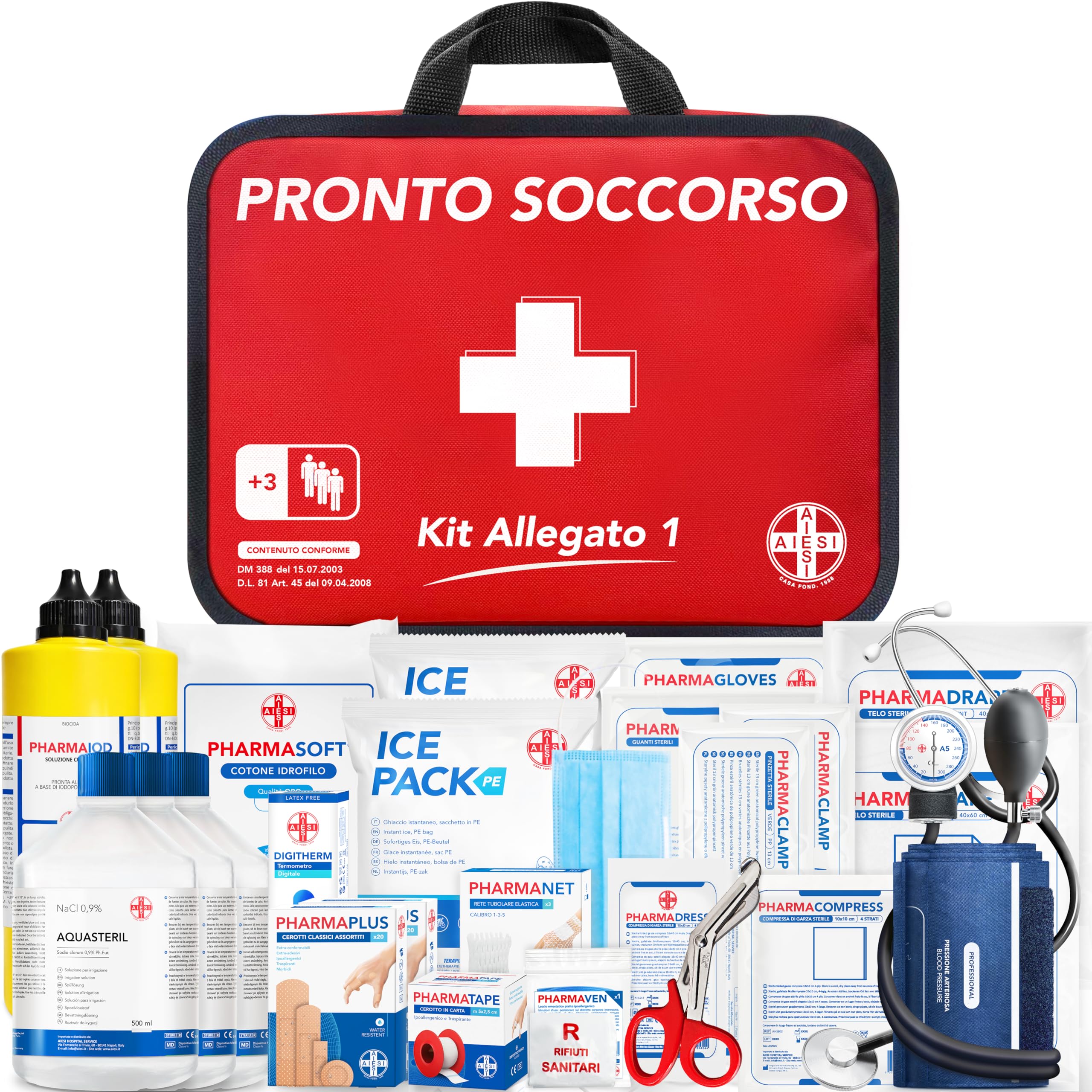 AIESI® Cassetta medica di pronto soccorso (Borsa) ALLEGATO 1 CON SFIGMOMANOMETRO per aziende più 3 dipendenti, Conforme DM388/DL81, Made in Italy