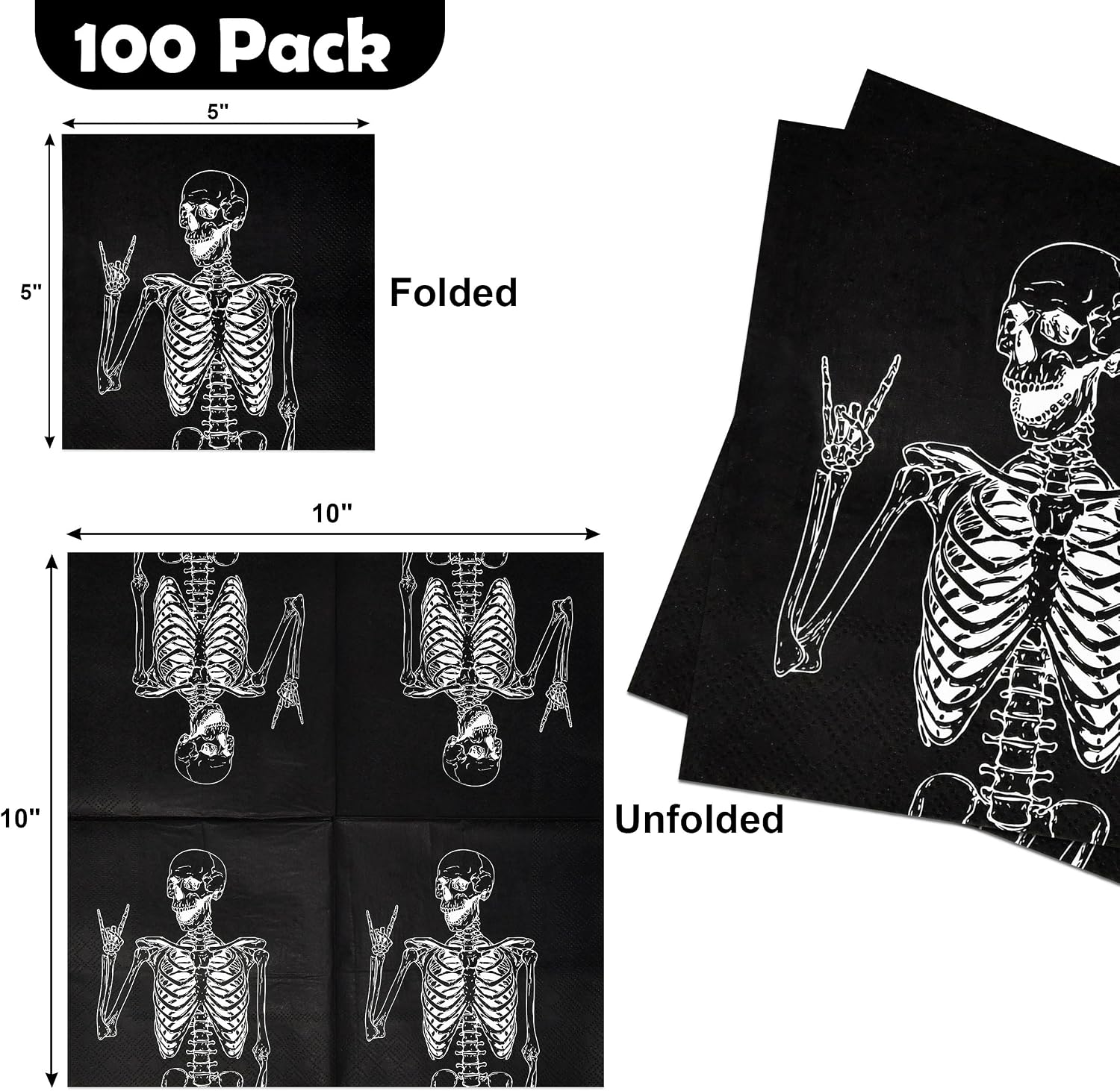 100 Pack Halloween Skeleton Cocktail Napkins Disposable Black Paper Napkin image 2