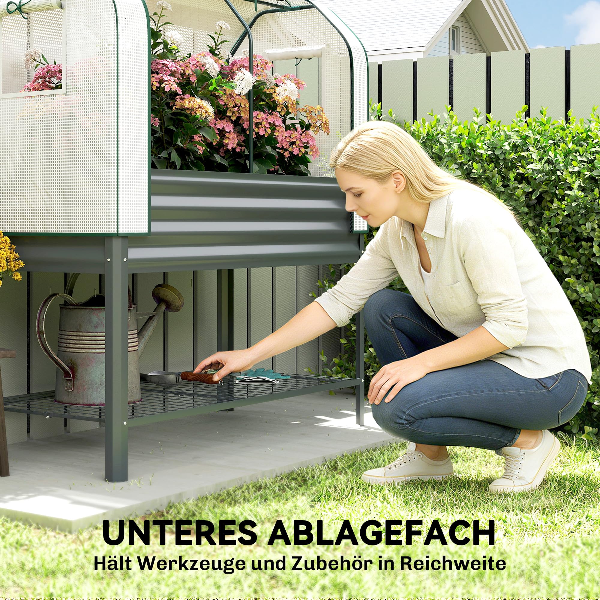 Outsunny Podwyższone łóżko ogrodowe z pokrowcem szklarniowym z metalu, skrzynka na rośliny z półką, podwyższone łóżko ogrodowe 120 x 55 x 140 cm do ogrodu, balkonu, tarasu, ciemnoszare