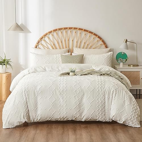 Funda de edredón tamaño Queen, funda de edredón blanca copetuda con patrón geométrico de rombos jacquard, juego de ropa de cama de 3 piezas con