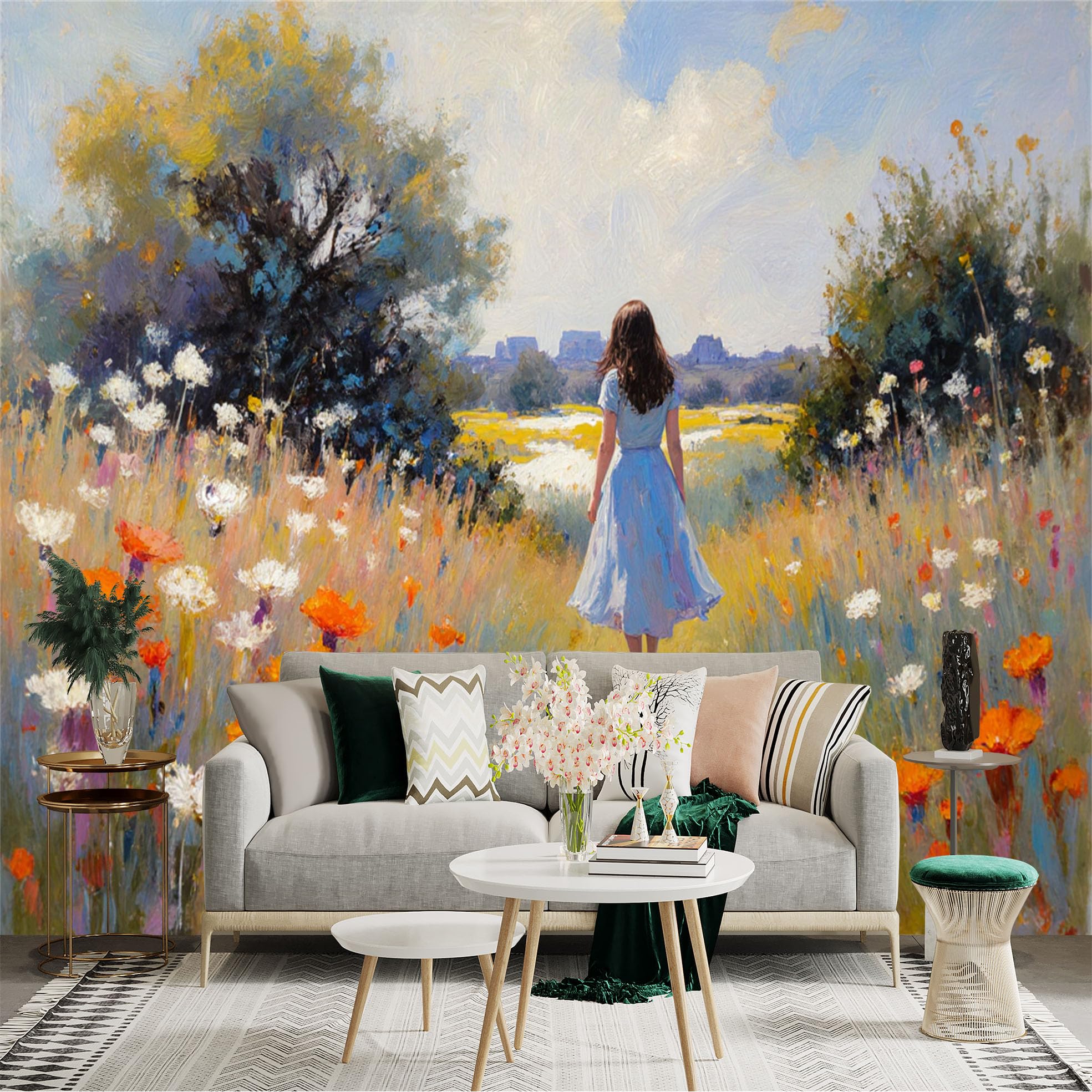 Lnzczhyre Girls Xc260505365 Custom Size Wall Sticker Mural， Walking In Wildflower Meadow， Impressionist Landscape Art， Summer Nature Scene， For Wall Decoration， Peelandstick Wall Decals.