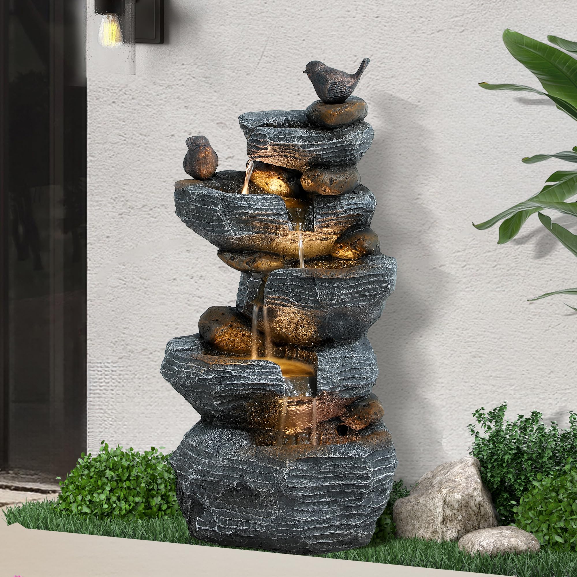 Dephet 5-Tiers Cascading Rock Water Fountain Outdoor - Waterfalls Fountains with LED Lights, Outdoor/Indoor Resin Water Feature Fountain for Patio, Garden, Backyard, Deck, Porch, Home Art Docor