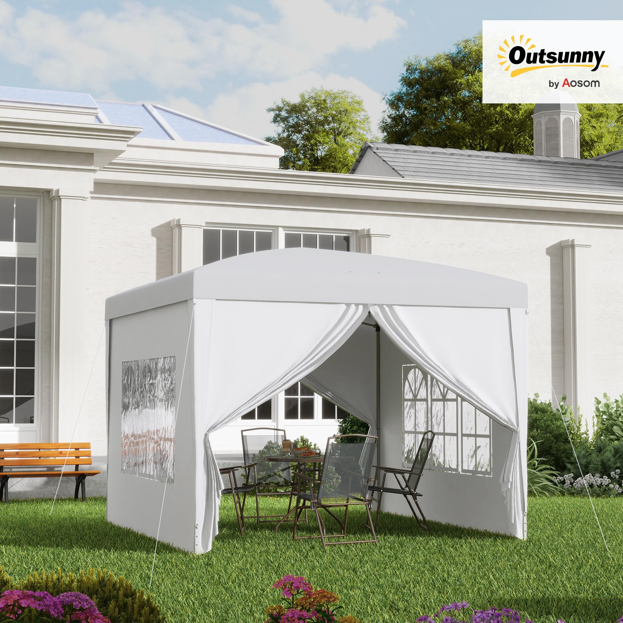 Outsunny Gazebo Pieghevole 3x3 Pop Up con 2 Porte e 2 Finestre, 4 Pannelli Laterali e Borsa da Trasporto, Gazebo da Esterno in Acciaio e Tessuto Oxford, per Giardino, Feste, Campeggio, Bianco