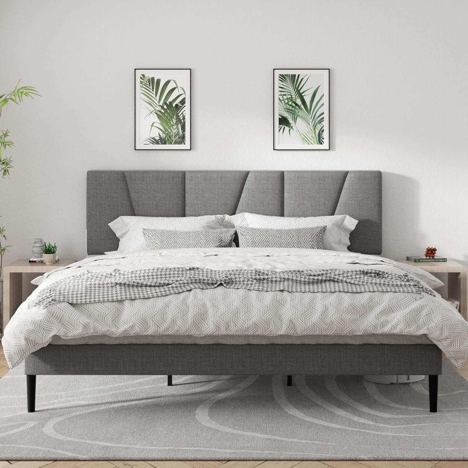 Queen Size Platform Bed Frame with Geometric Upholstered Headboard, Noise Free, Wooden Slats Support, No Box Spring Needed, Easy Assembly, Dark Grey, Linen