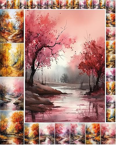 Decoupage - Paquete de papel (35 hojas de 6 x 8 pulgadas), hermoso paisaje rosa y naranja tranquilo de arroyos leñosos FLONZ Vintage Ilustración
