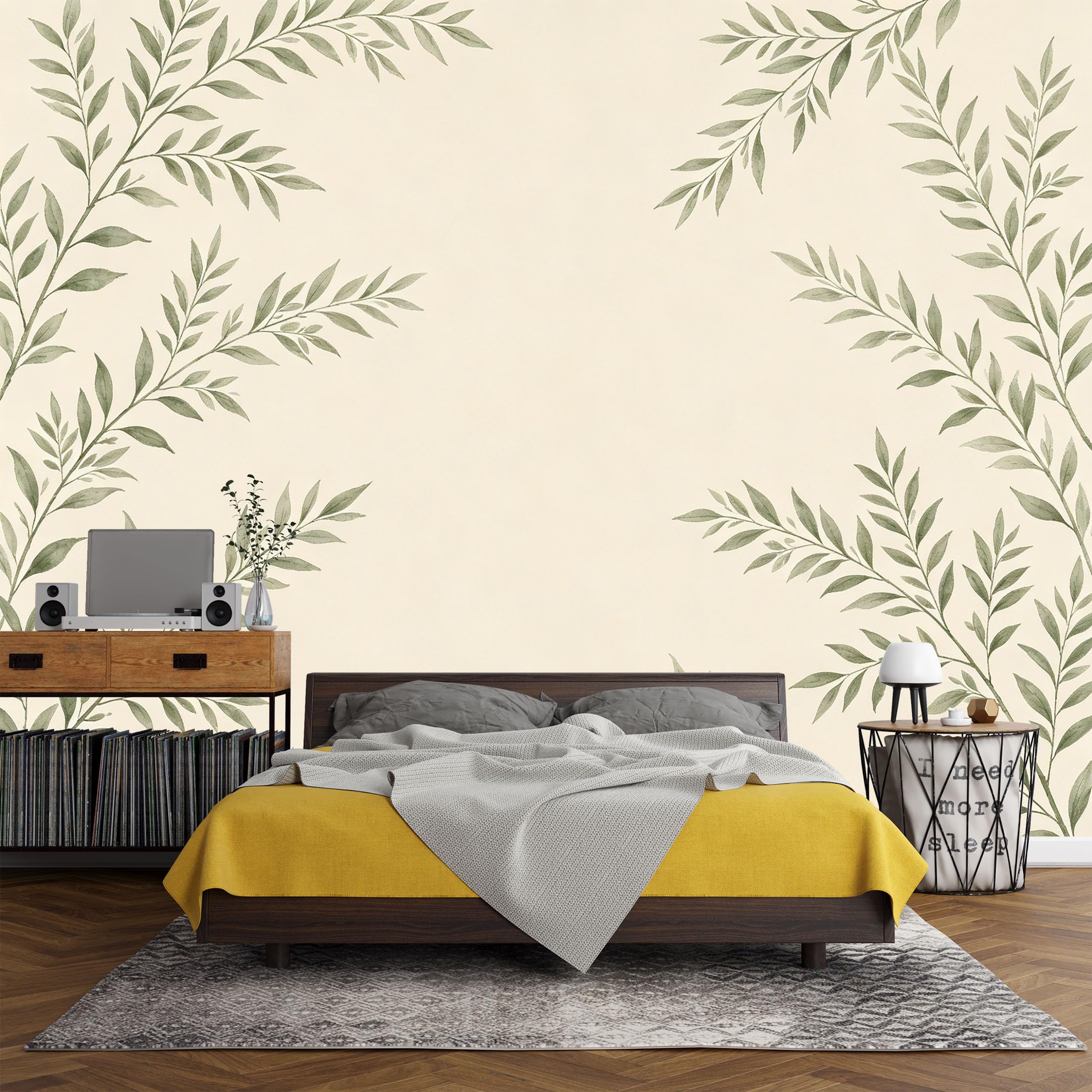 Custom Size Wall Mural Botanical Watercolor Sage Green Leaves Minimalist Nature Backdrop SelfAdhesive Art Prints wall Fabric（No PVC） Removable Wallpaper Living Room Decor