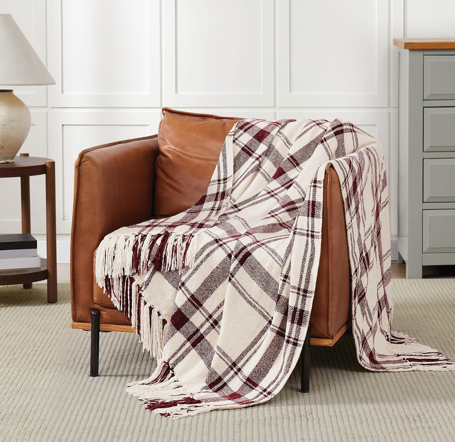 TRULY SOFT Plaid Throw Blanket 50x70 – Soft Chenille Blanket with Fringe, Lightweight Cozy, Oeko-TEX Certified Burgundy/Ivory