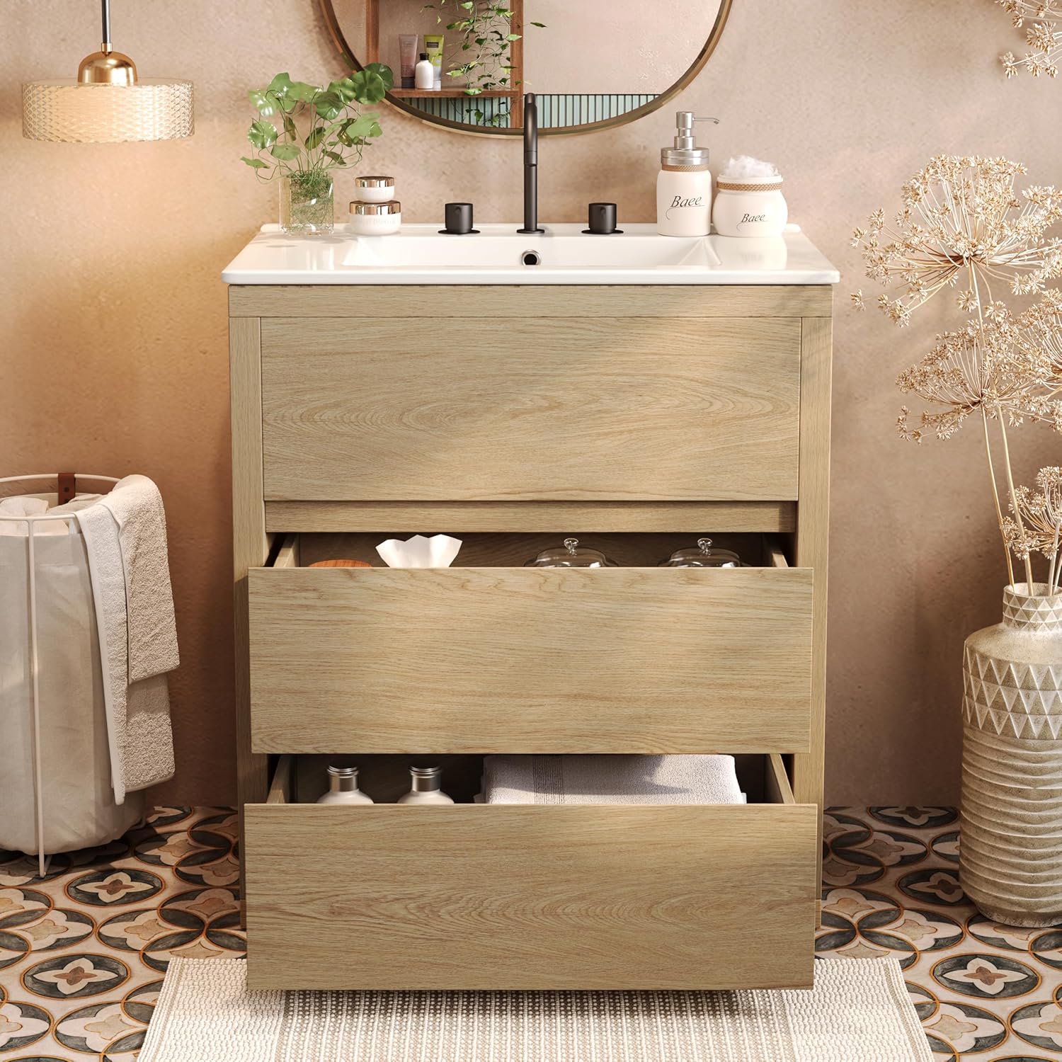 Bathroom Vanity,60-Inch Double Sink Set,Freestanding Bathrooms Storage Cabinet W/Two Separate Ceramic Basins,Full-Extension Soft-Close Drawers,Wide Design with Adjustable Shelves,Natural