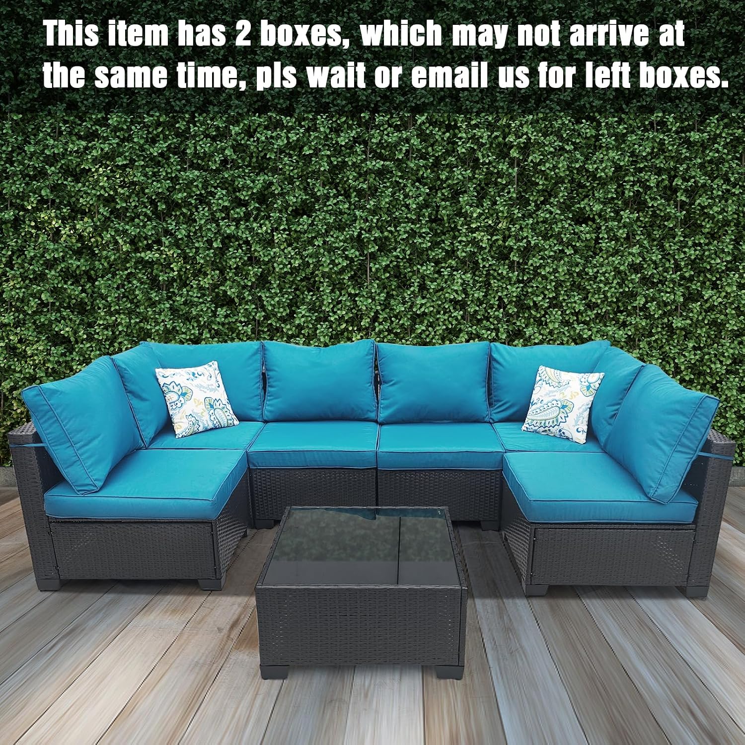 7 Pieces Patio Furniture Set (Coffee/PeacockBlue), All-Weather Outdoor Wicker Sectional Sofa with Cushions and Coffee Table, 2 Pillows, Perfect for Deck, Garden,Lawn