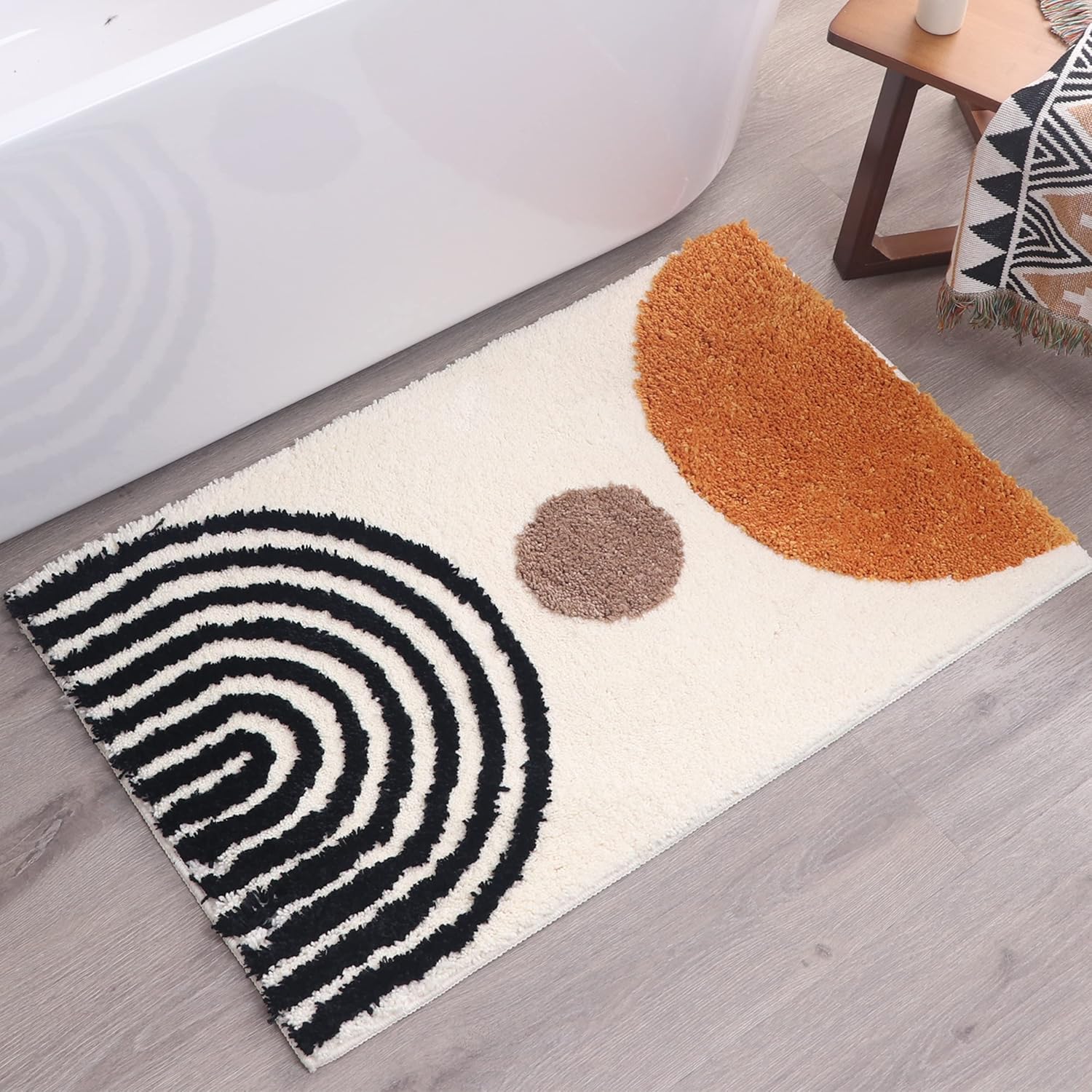 Abstract Rug Beige Boho Bathroom Mat - White Geometric Bath Rugs - Mustard Mid Century Modern Mats Neutral Bohemian Decor Bathmats Unique Cute Dorm Room Decor College Girls Arches Bathmats