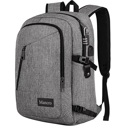 Mancro 17.3 Inch Laptop Backpack, Large Travel Laptop Backpack with USB Charging Port, Anti Theft Water Resistant Business Backpack for Men and Women, Durable Lightweight School College Bag, Grey