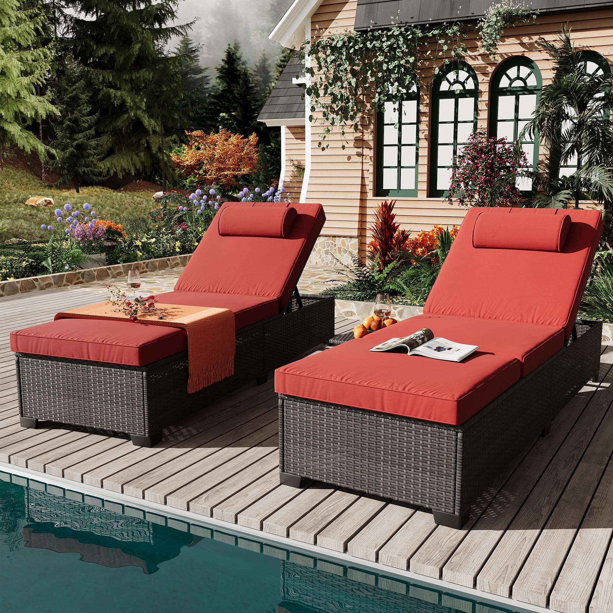 Reljofum Outdoor PE Wicker Chaise Lounge Chairs, Set of 2, Brown Rattan, Modern Style, Adjustable Backrest, Recliners with Red Cushion