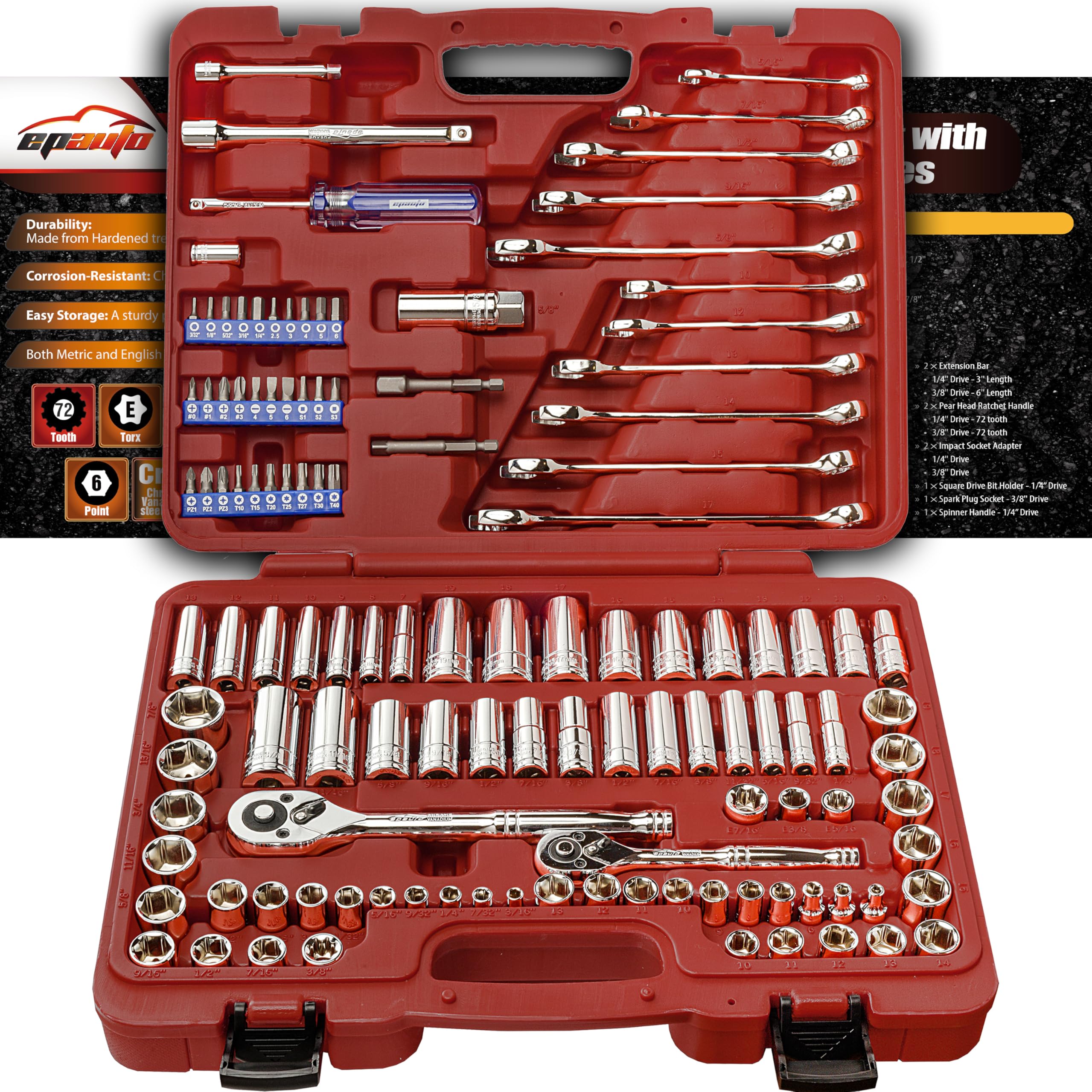 Mechanics Tool Set Drive Socket Wrench Ratchets, SAE/Metric, 122-Piece