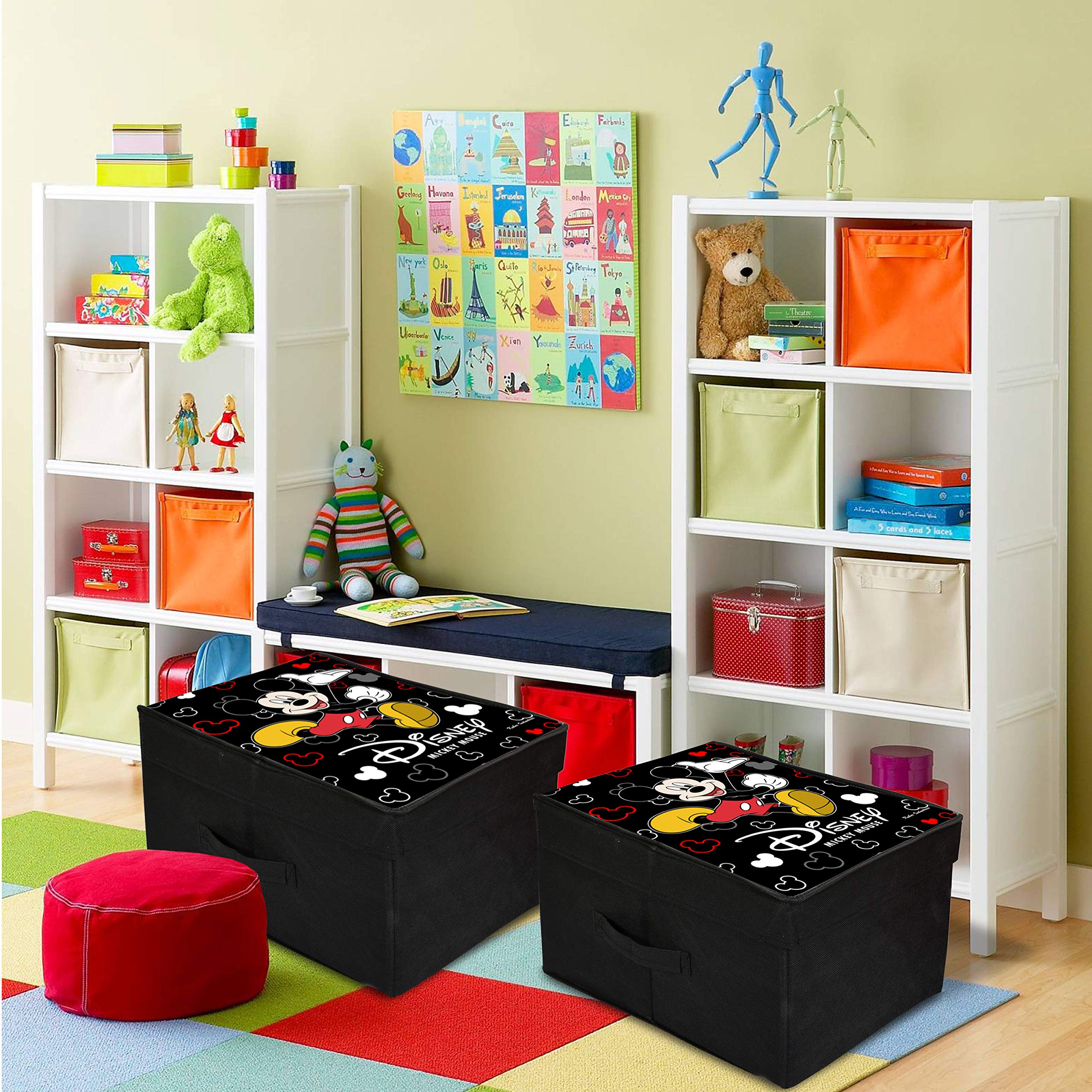 Kuber Industries Disney Mickey Mouse Print Non Woven 2 Pieces Fabric Foldable Cloth Storage Wardrobe Organiser Box with Lid, Extra Large (Black)-KUBMART3468