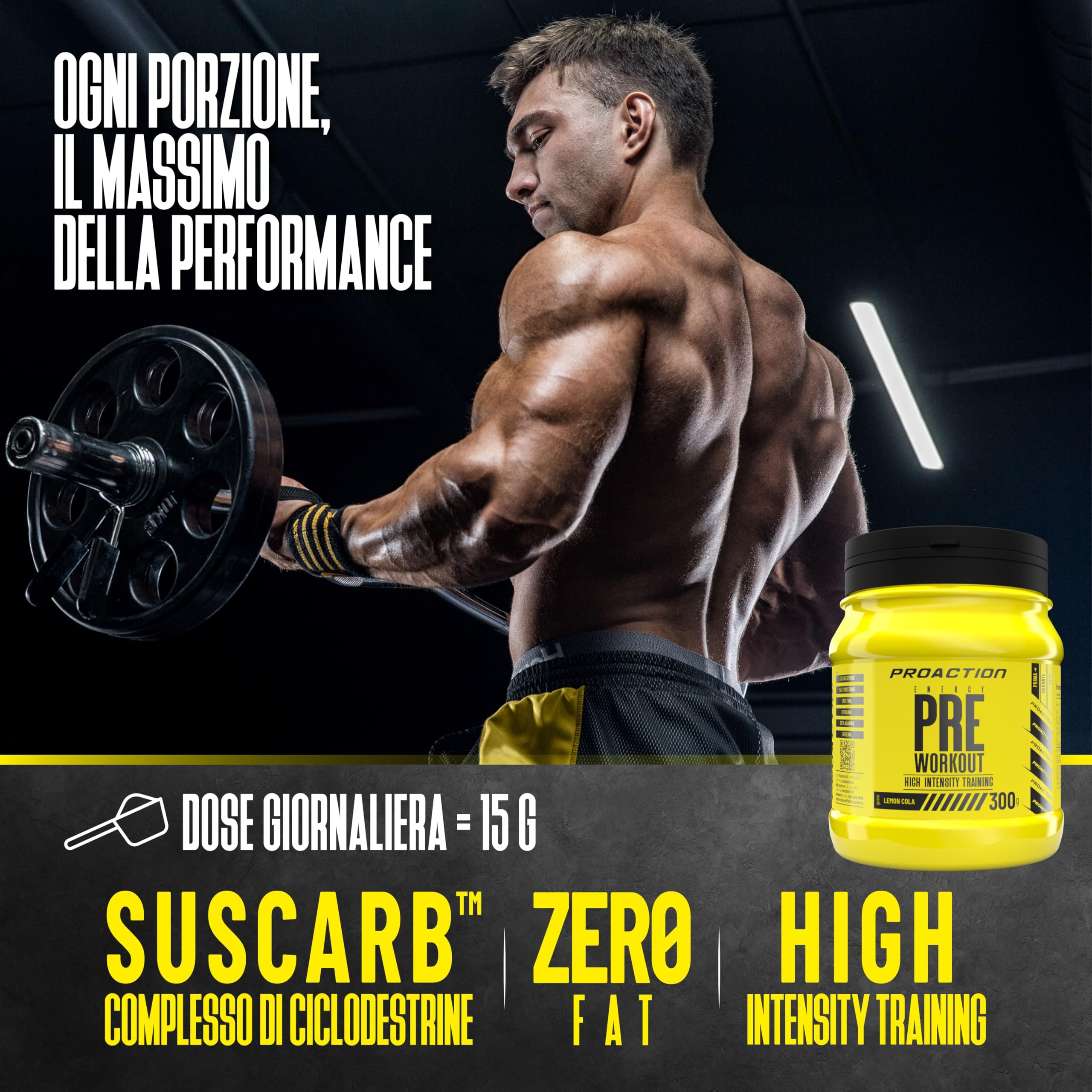 ProAction Pre Workout Potente | Integratore Preworkout con Creatina, Citrullina Malato, Beta Alanina e Caffeina | Boost di Energia e Resistenza per Bodybuilding, Sport e Fitness | 20 Porzioni | 300g