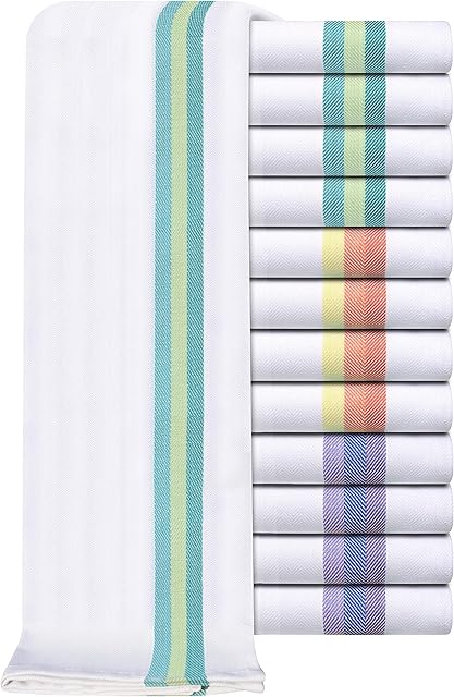 Set of 12 Herringbone Weave Tea Towels - 100% Ring Spun Cotton - Extra Absorbent & Heavy Duty - Hanging Loop - Lint Free - 50 x 70cm