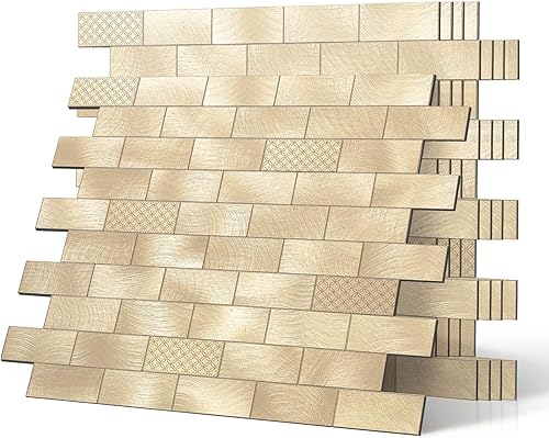 BeNice Paneles de azulejos de metal para salpicaduras de muro, azulejos de baño para despegar y pegar, azulejos de baño para despegar y pegar (oro