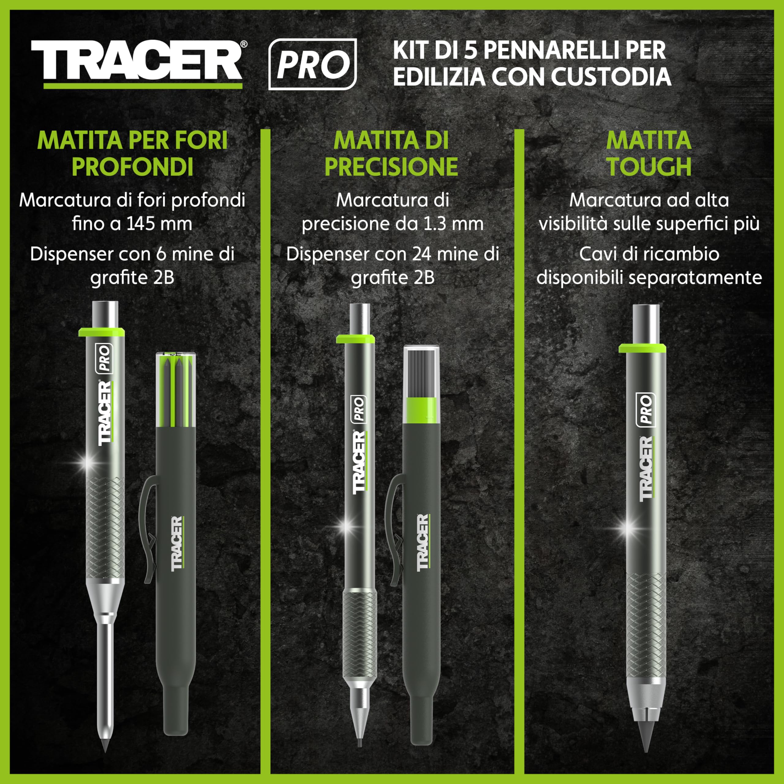 Tracer Pro Series Kit Marcatura Professionale 5 Pezzi | Matita Fori Profondi, Pennarello Costruzione Alluminio + 30 Mine