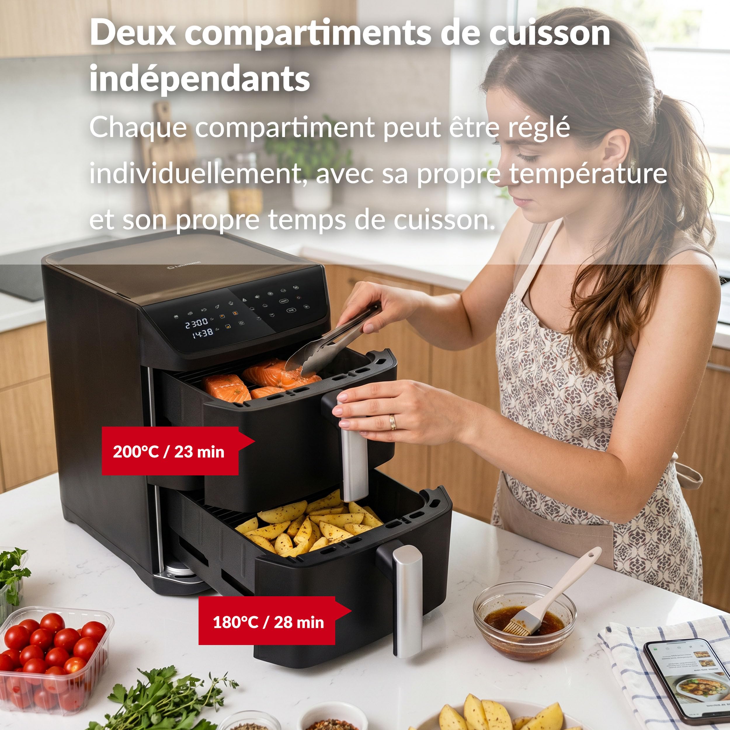 LEHMANN Double Zone Air Fryer XXL 12L, Friteuse sans Huile Verticale à Double Tiroir, 10 Programmes, 40-230°C, Écran Tactile, Revêtement Antiadhésif, pour Grande Famille, 2800 W