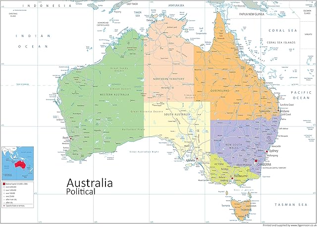Political Map of Australia - Size A1-59.4 x 84.1cm - Paper Laminated