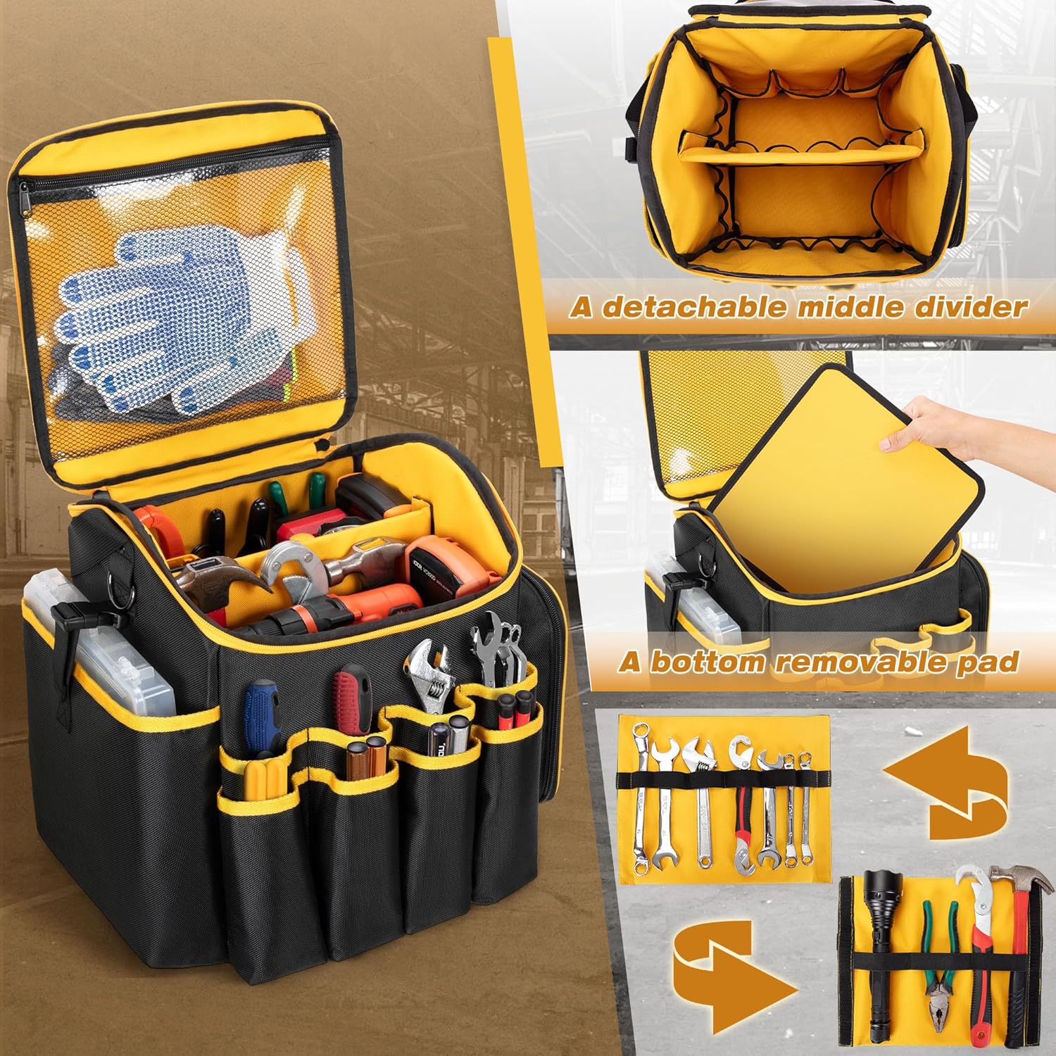 Tool Bag with a Detachable Divider and Shoulder Strap, Heavy Duty Tool Tote with Multiple Pockets, Black - Image 2