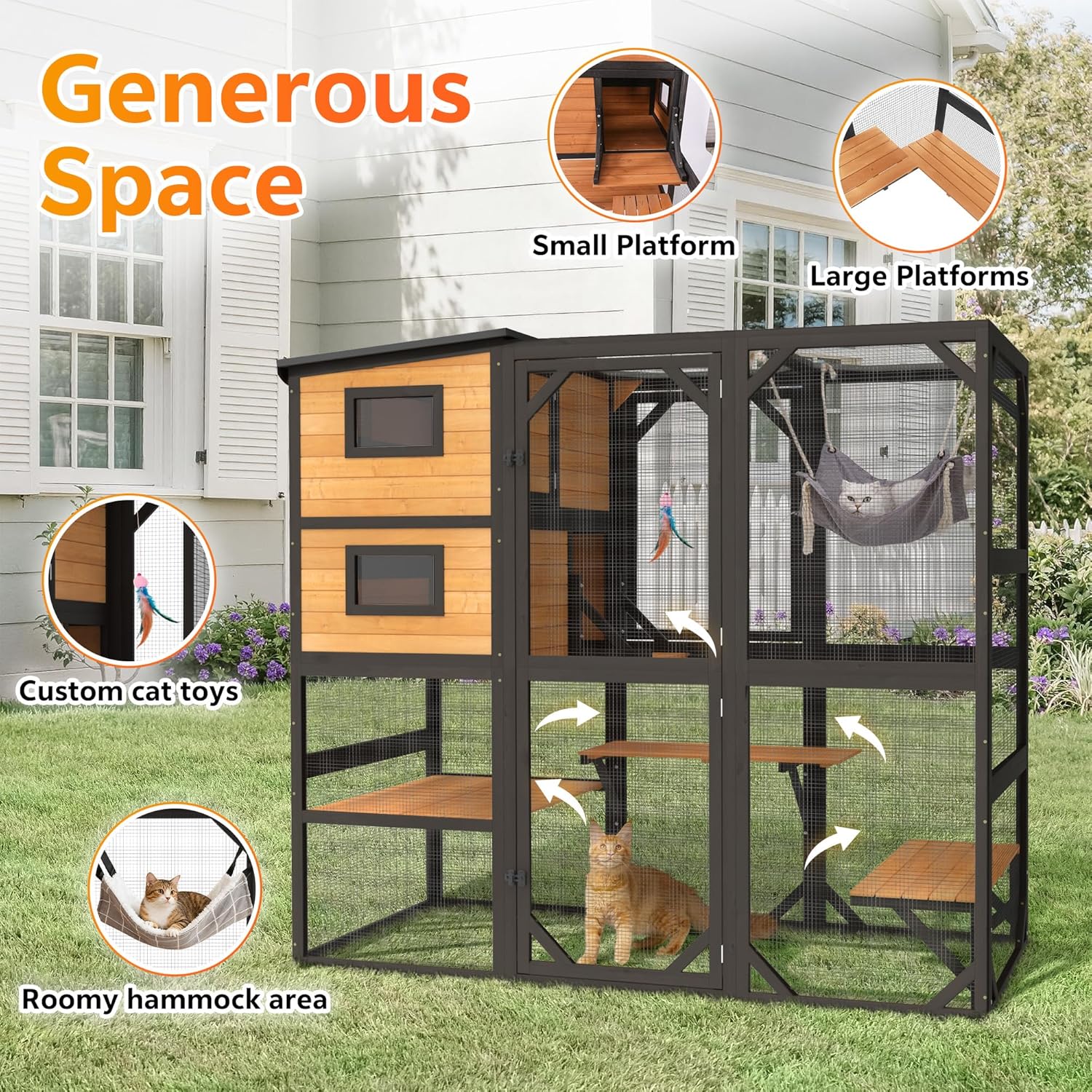 X-Zone Oversized Catio Outdoor Cat Enclosure, Wooden 4 Tiers Cat Enclosures with Weatherproof Roof, Large Cat Patio Conect to Window, Walk-in Cat Cage House for Indoor Outdoor