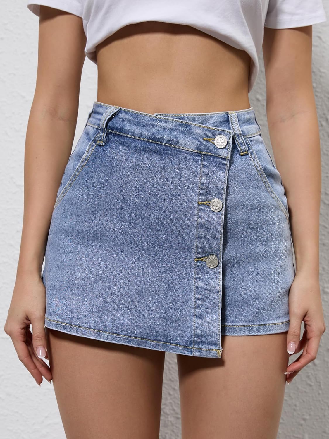 ELLEVEN Denim Mini Skorts Button Front High Waisted Stretch Asymmetrical Jean Skirt with Shorts