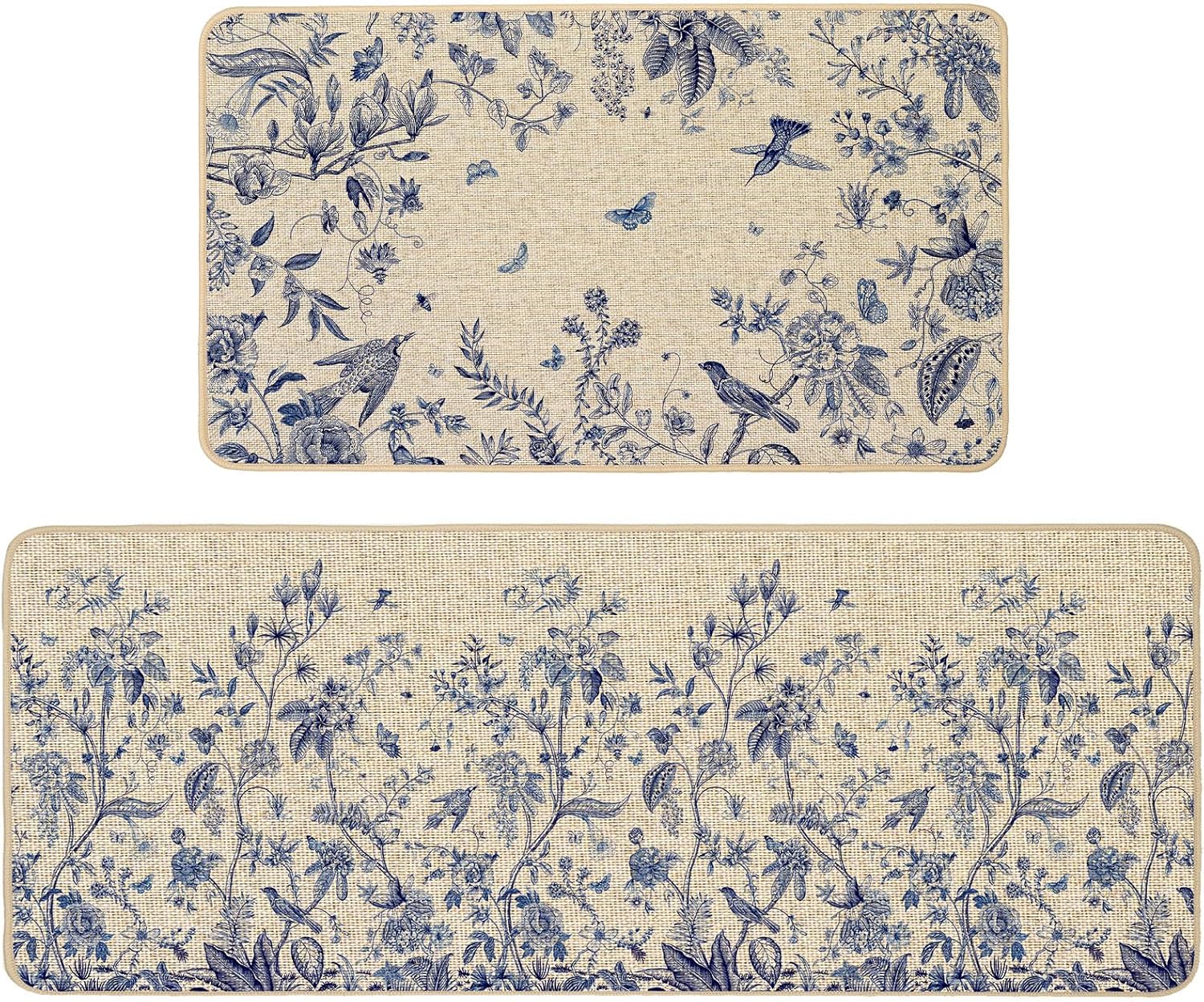 Baccessor Spring Kitchen Mats Set of 2, Blue Floral Kitchen Rugs for Floor Monochrome Sketch Non Slip Low-Profile Seasonal Summer Home Decor 17x29 and 17x47 Inch