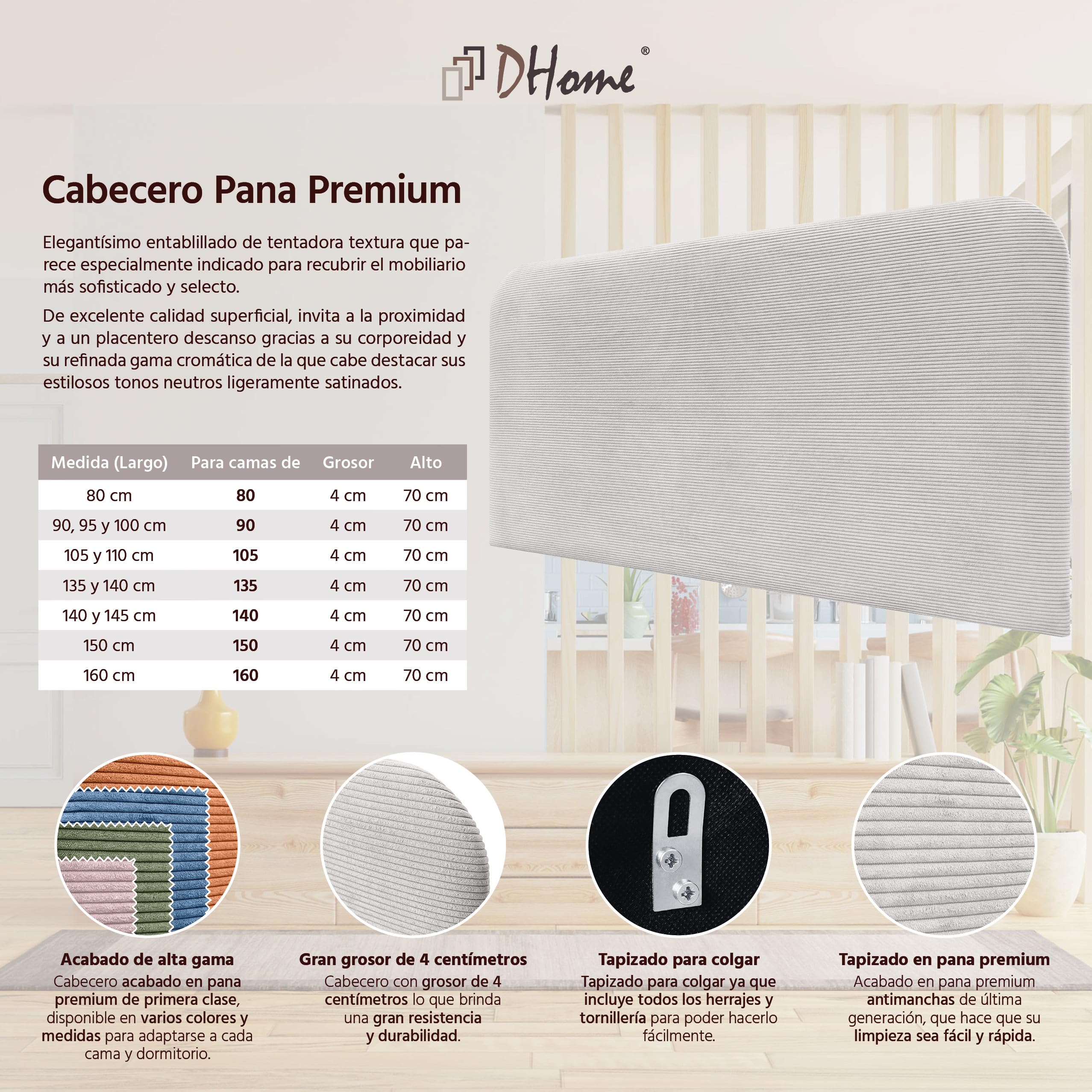 DHOME Cabecero Tapizado Liso Curvo Pana Premium 70cm Altura para Pared Acústicos Cabeceros Absorbentes Cabezal Cama Dormitorio (Blanco Hueso, 145cm)