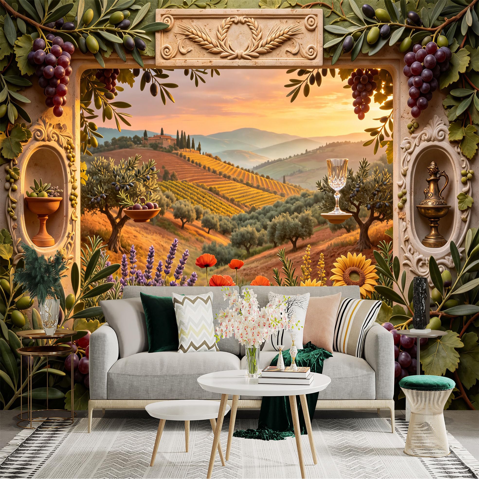 Custom Size Wall Sticker Mural， Rustic Vineyard Sunset， Grapes and Olive Branches， for wall Decoration， peelandstick wall Decals.