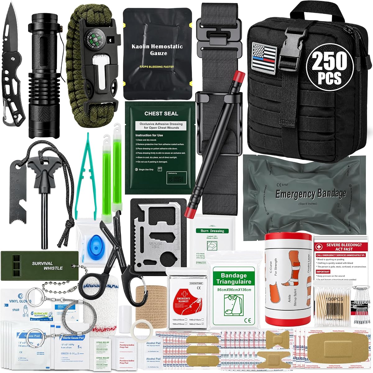 Survival First Aid Kit, 250 PCS Outdoor Emergency Kit with Tourniquet, Chest Seal, Hemostatic Gauze, Israeli Bandage, MOLLE Pouch Trauma Kit for Camping, Hiking, Backpacking, Hunting, Bleeding Control