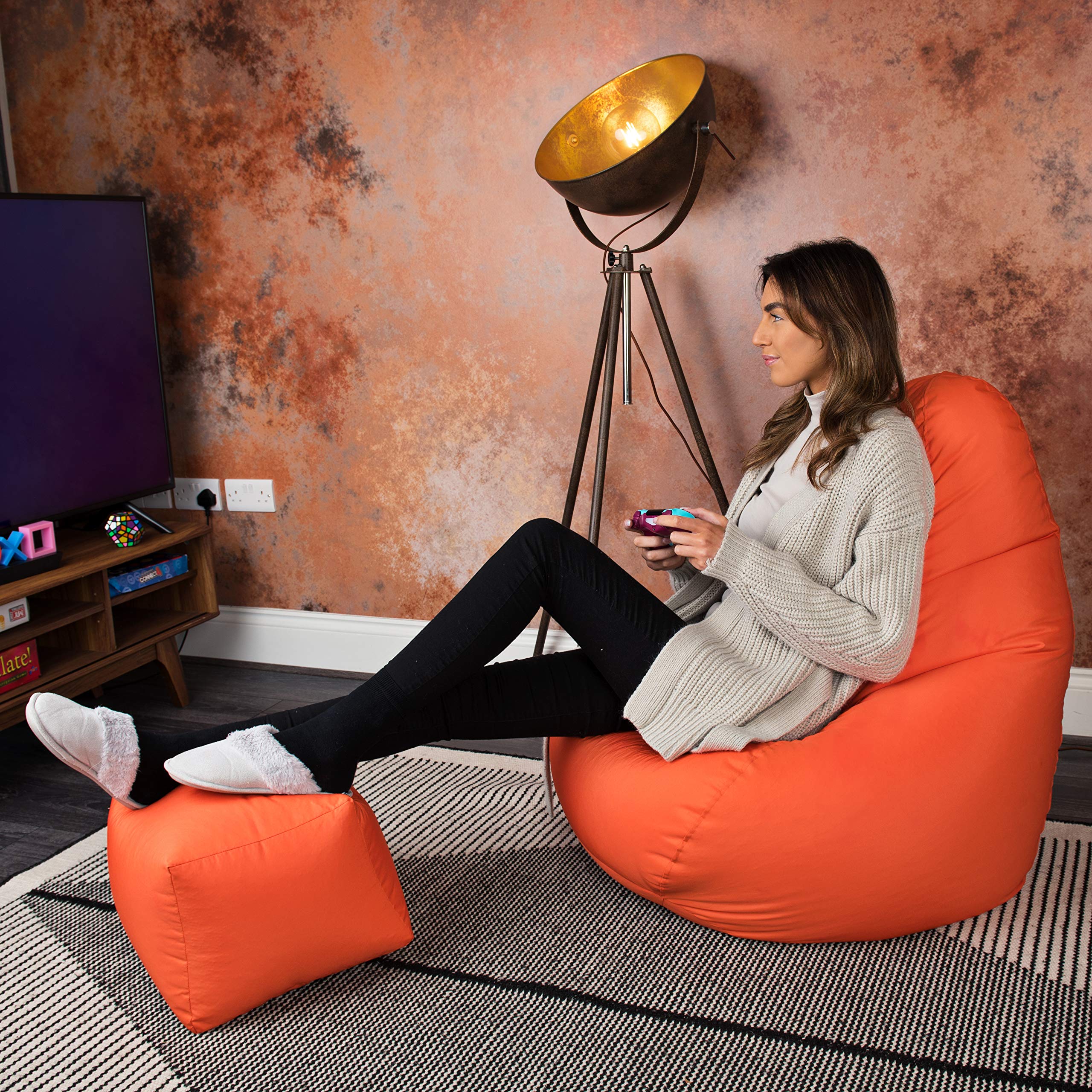 Sedia Bean Bag Gaming Con Schienale - Resistente All'Acqua, Per Interni Ed Esterni, Arancione - Foto 3