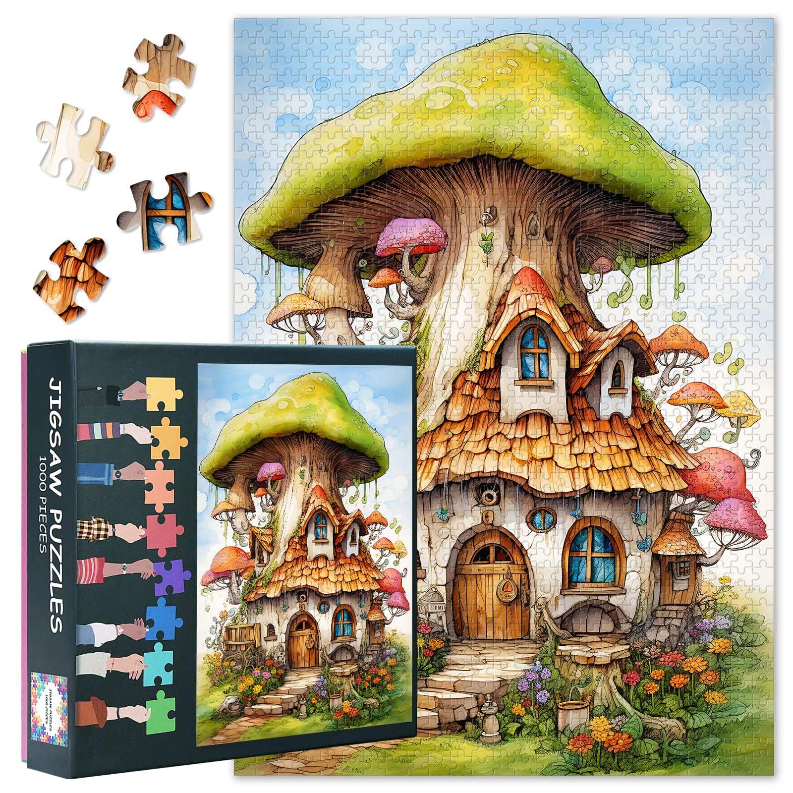 1000-Piece Abstract Mushroom House & Fairy Door Fantasy Art Jigsaw Puzzle for Adults - Premium Matte Finish, Challenging Art Therapy, Wall Decor Gift for Nature Lovers (19.69x27.56 in)