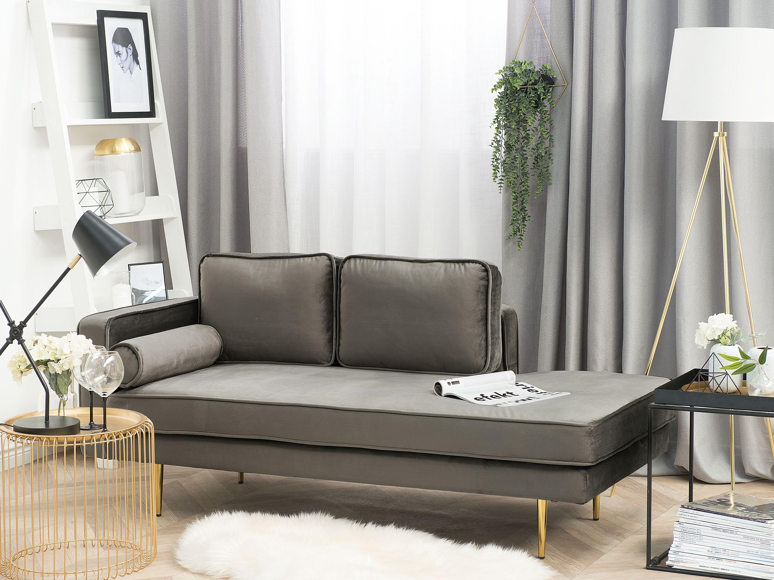 Chaise Longue Méridienne Côté Gauche en Velours Beige pour Salon Glamour Beliani