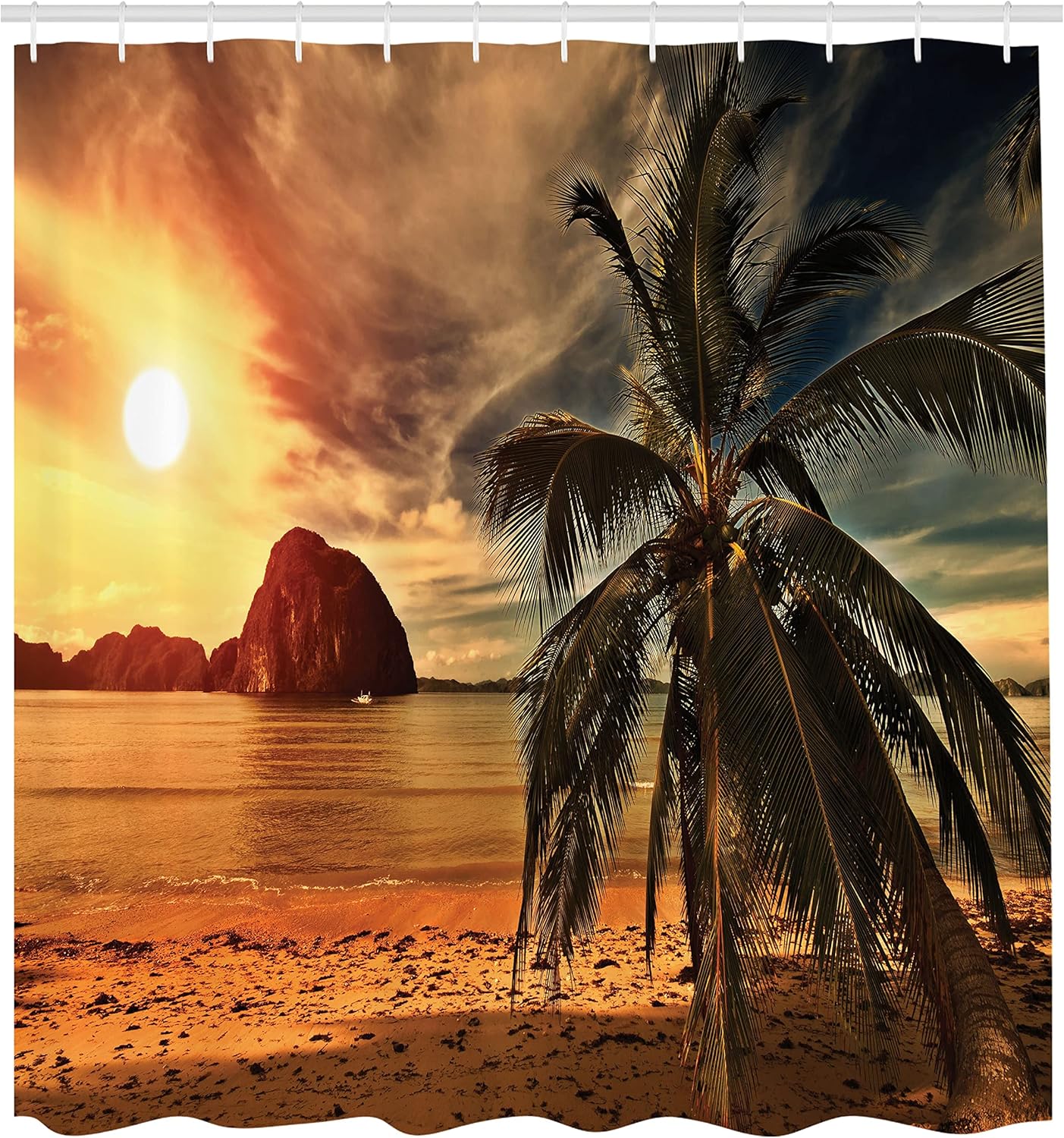 Ambesonne Ocean Shower Curtain, Havana Beach Sunny Tropics Mountains Rocks and Coconut Palm Trees, Cloth Fabric Bathroom Decor Set with Hooks, 105" Extra Wide, Dark Green Pale Brown