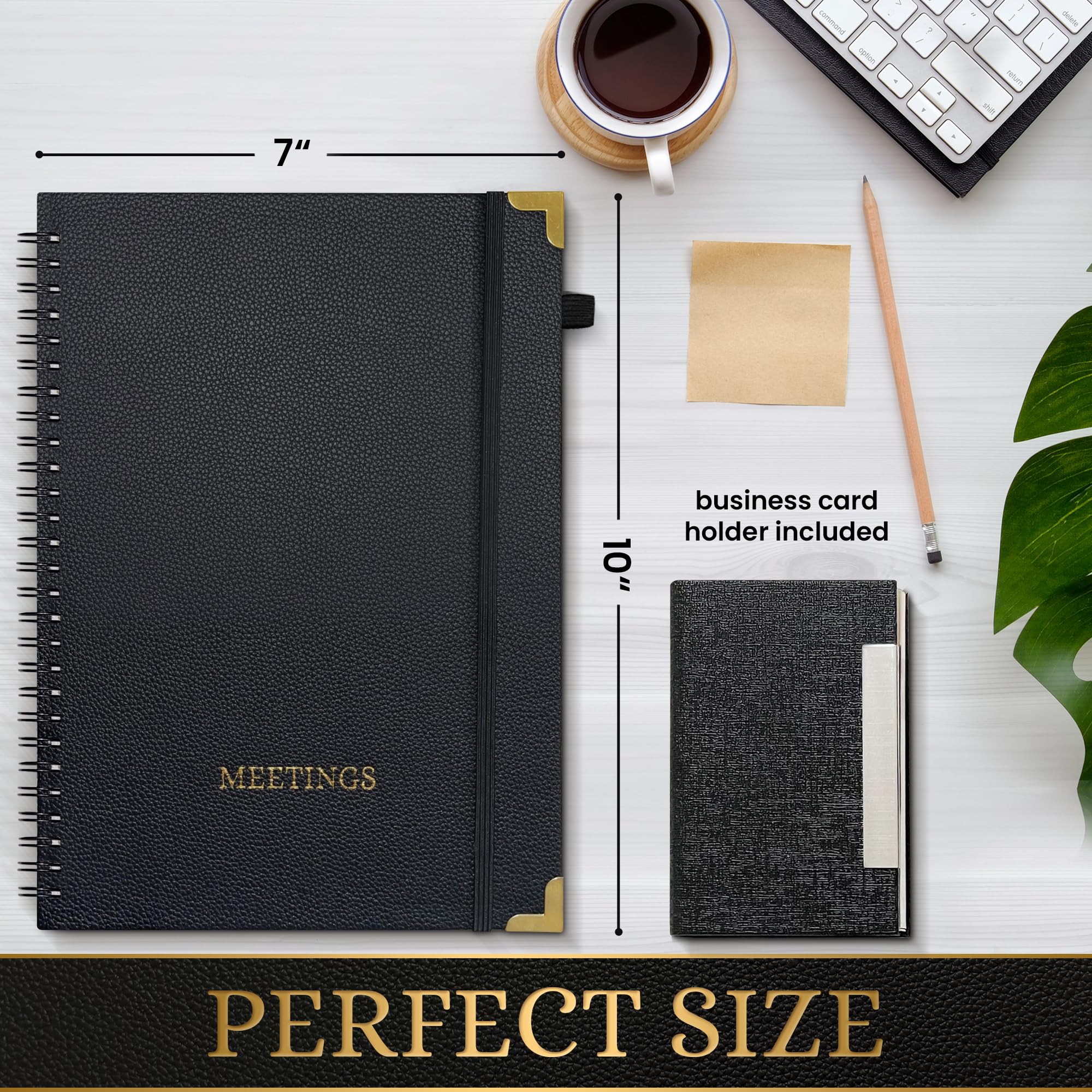 3 quaderni per riunioni da lavoro, viene fornito con una penna e un porta biglietti da visita, pelle PU, notebook per riunioni, angolo in metallo nero e oro, 17,8 x 25,4 cm, pianificatore aziendale