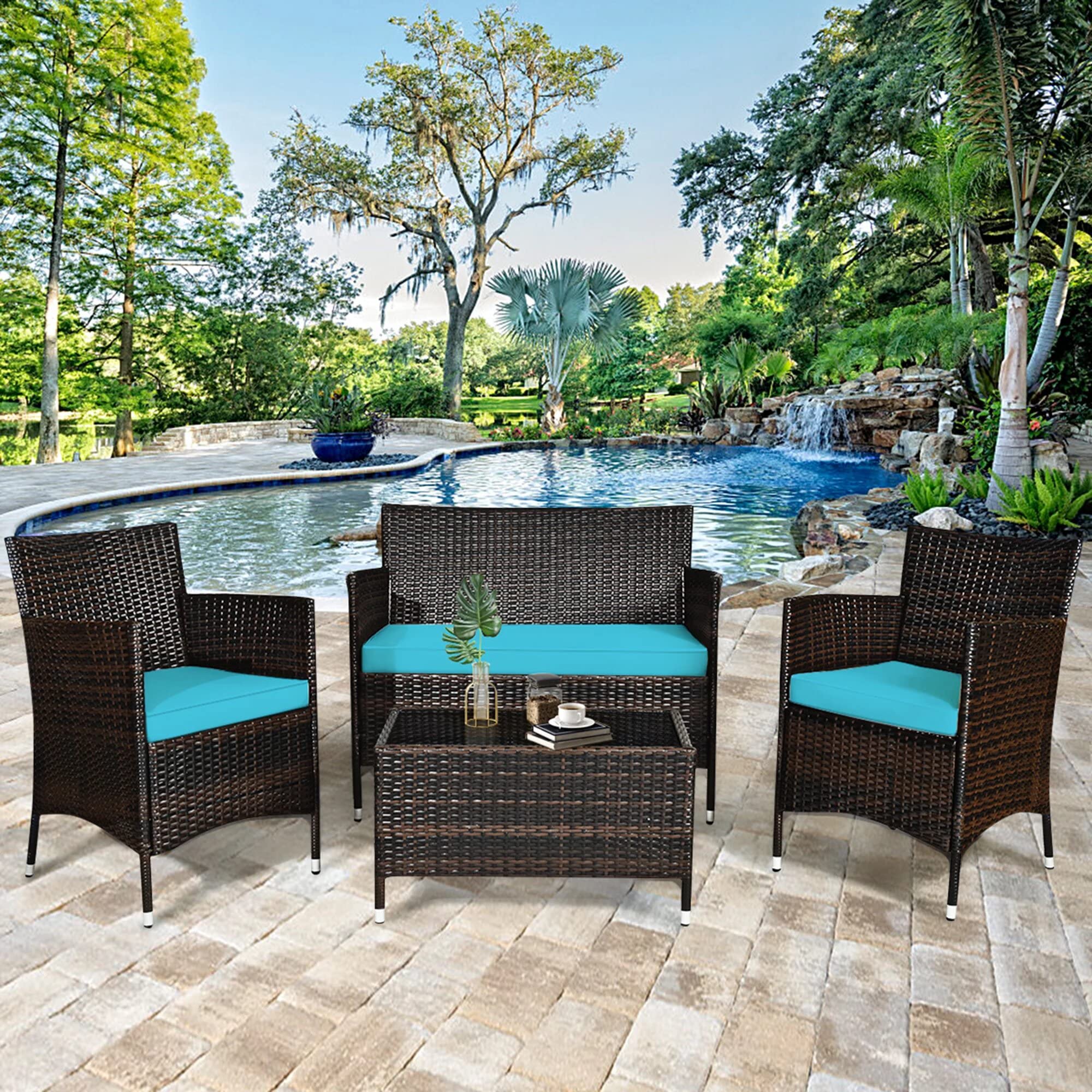 LOCCUS 4 Pieces Outdoor Patio Sectional Sofa Couch HDPE Wicker Furniture Sets with Washable Cushions & Glass Center Table for Garden, Poolside, Backyard (Dark Brown & Sky-Blue Color)-image-24