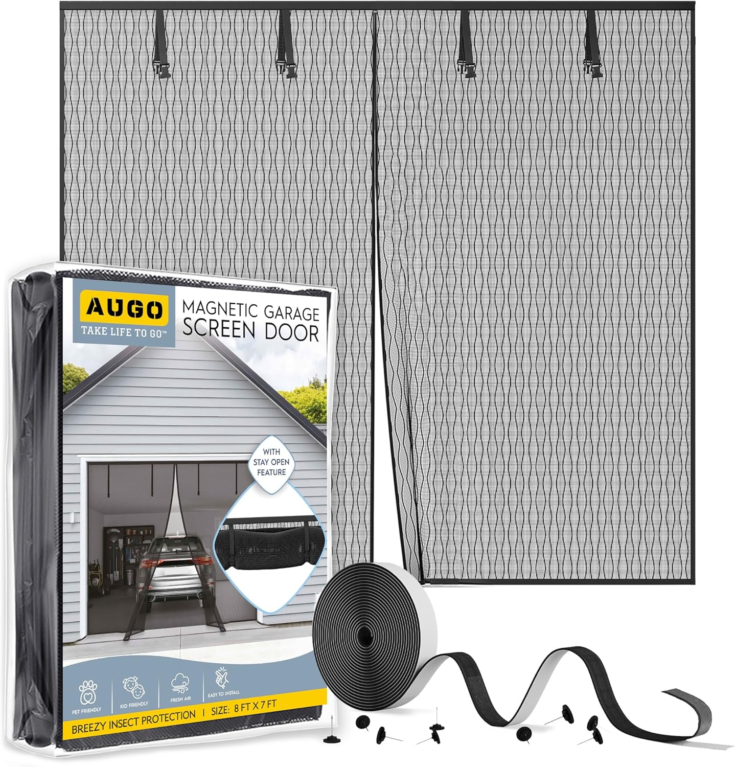 AUGO Garage Door Screen Magnetic Closure - Garage Screen Doors for 1 Car Garage Pull Down - Magnetic Screen Door Mesh - Heavy Duty Weighted Bottom- Pet & Kid Friendly - Keep Open Feature - 8' x 7'