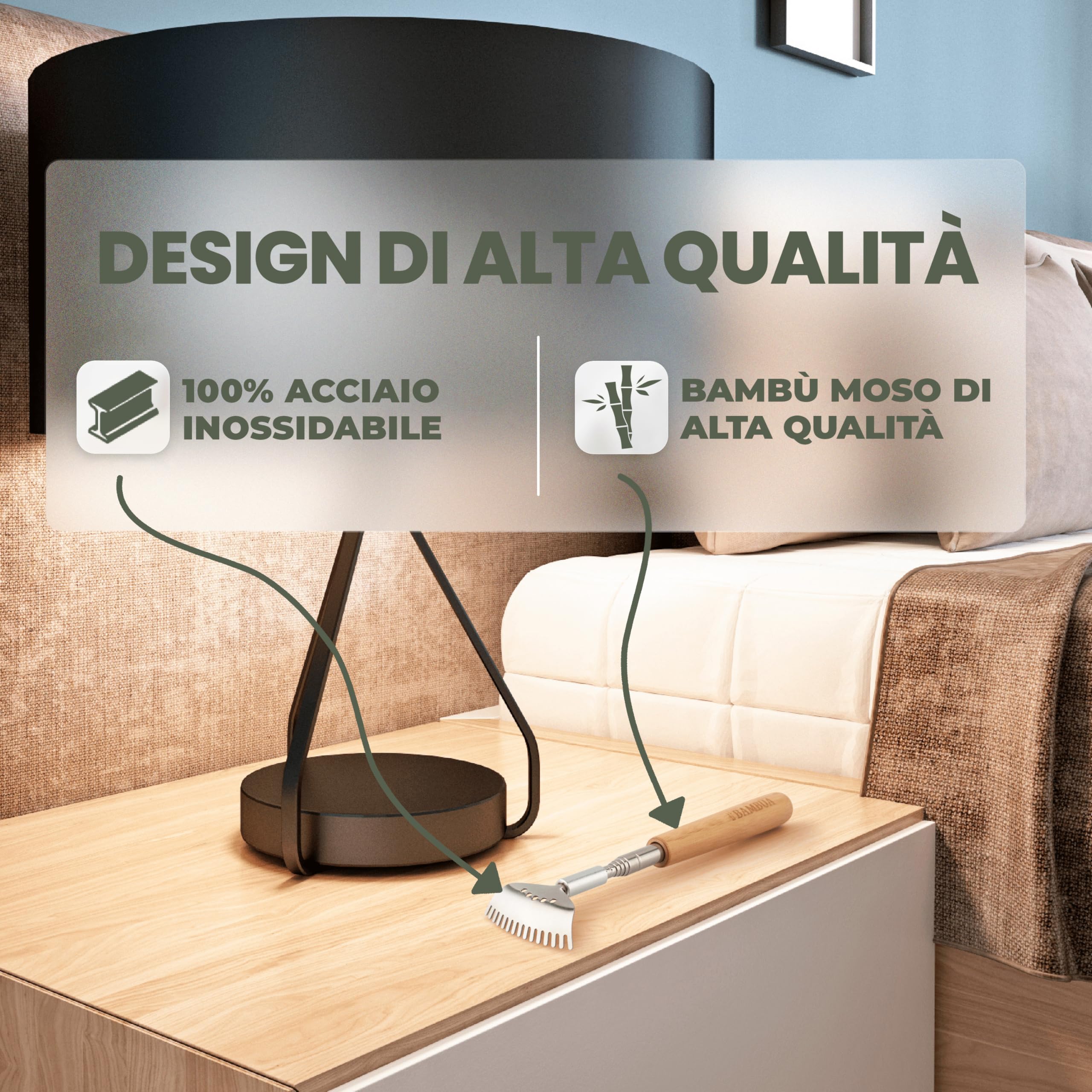 BAMBUA Manina Grattaschiena Allungabile - (Include 5 Accessori) Manico in Bambù - Per Sensazioni di Grattamento Soddisfacenti - Gratta Schiena Mano Allungabile - Grattino Schiena - Idea Regalo