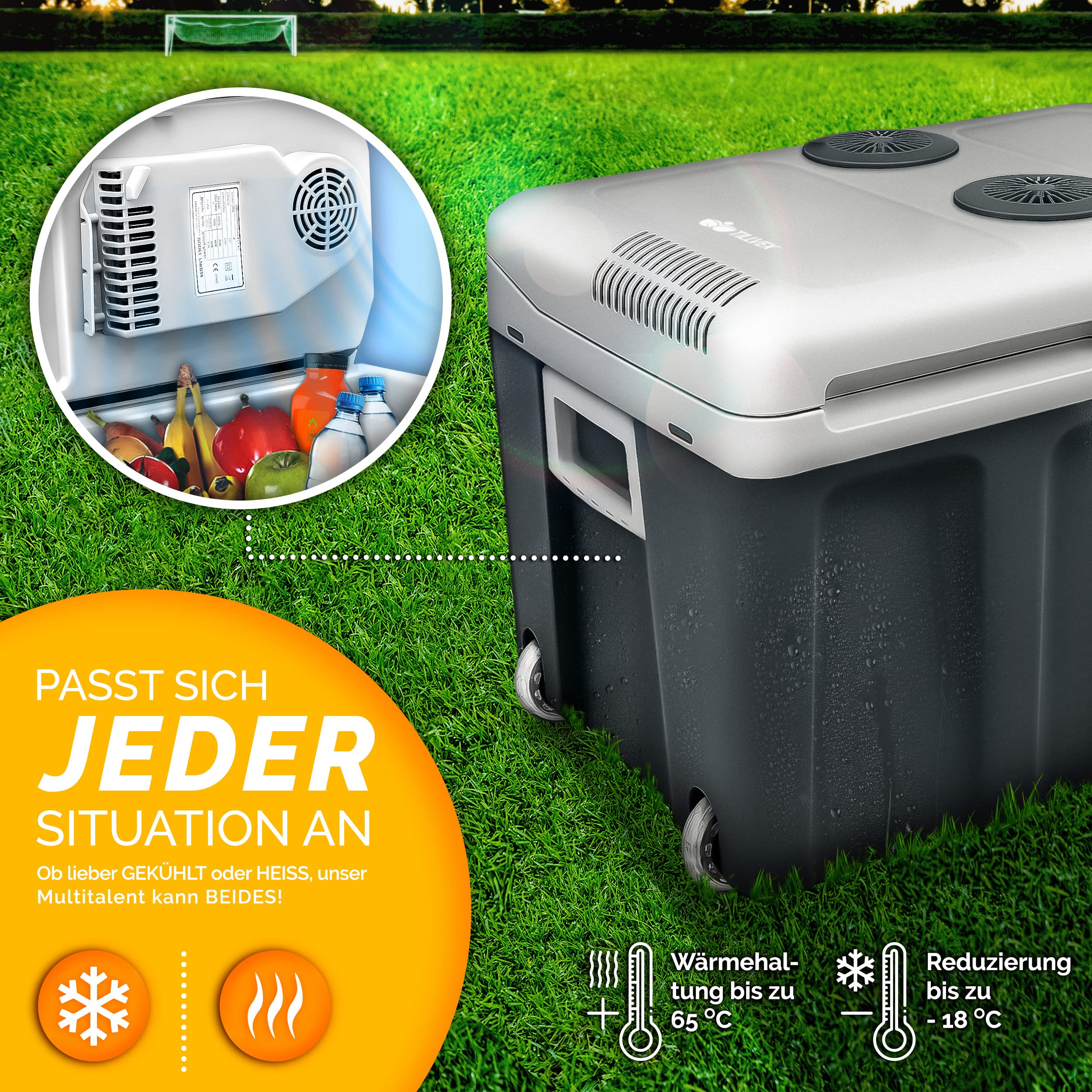 tillvex Kühlbox elektrisch 40L mit Rollen | Mini-Kühlschrank 230 V und 12 V für KFZ Auto Camping | kühlt & wärmt | ECO-Modus (Grau)