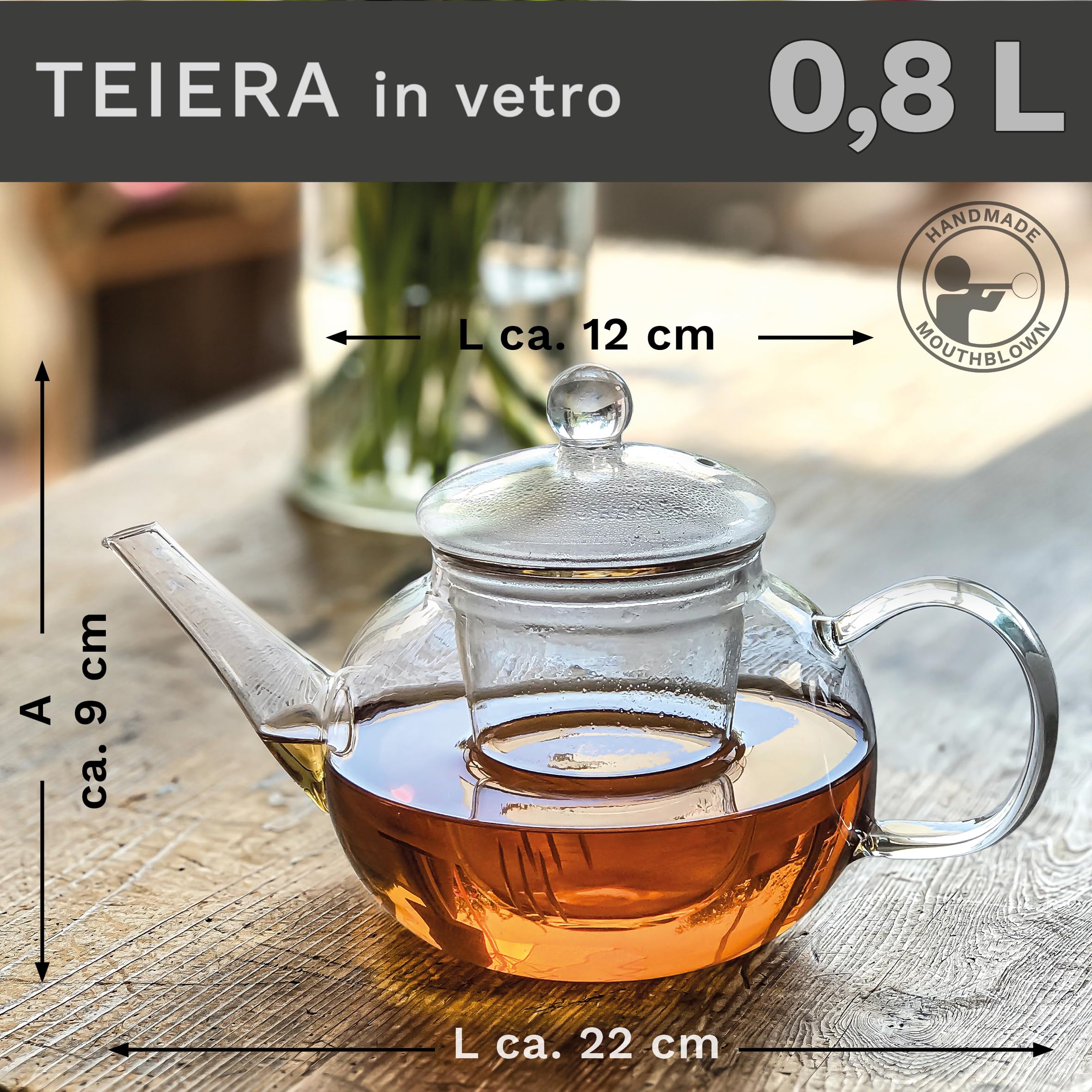 Creano Teiera in Vetro 0,8 L con Filtro e Copercio in Vetro Integrato Antigoccia Elegante Teiera Trasparente per Tè e Infusi Regalo Perfetto