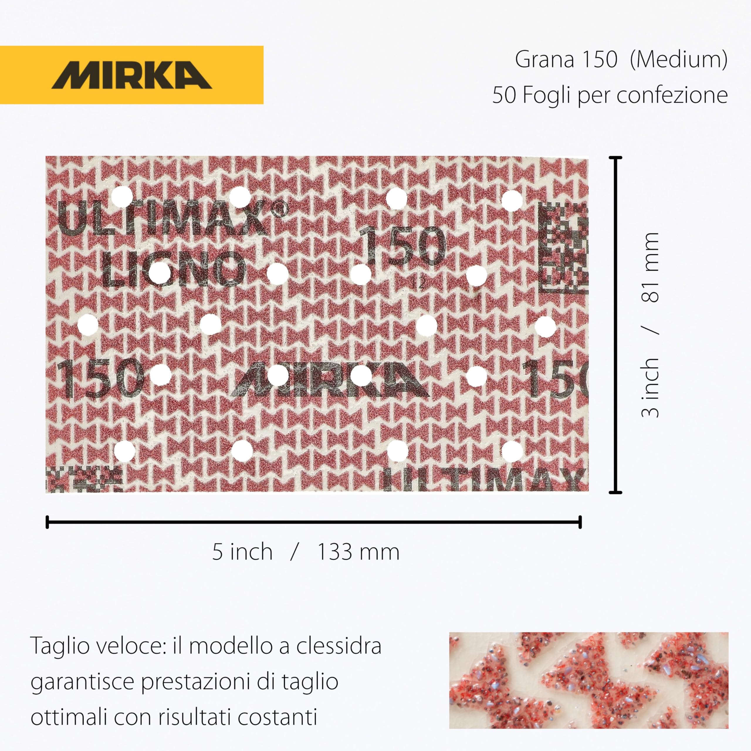 Mirka Ultimax Ligno Carta abrasiva 81x133 mm, grana P120, con fissaggio a strappo e foratura multifit per lavorare senza produrre polvere, confezione da 50 pezzi