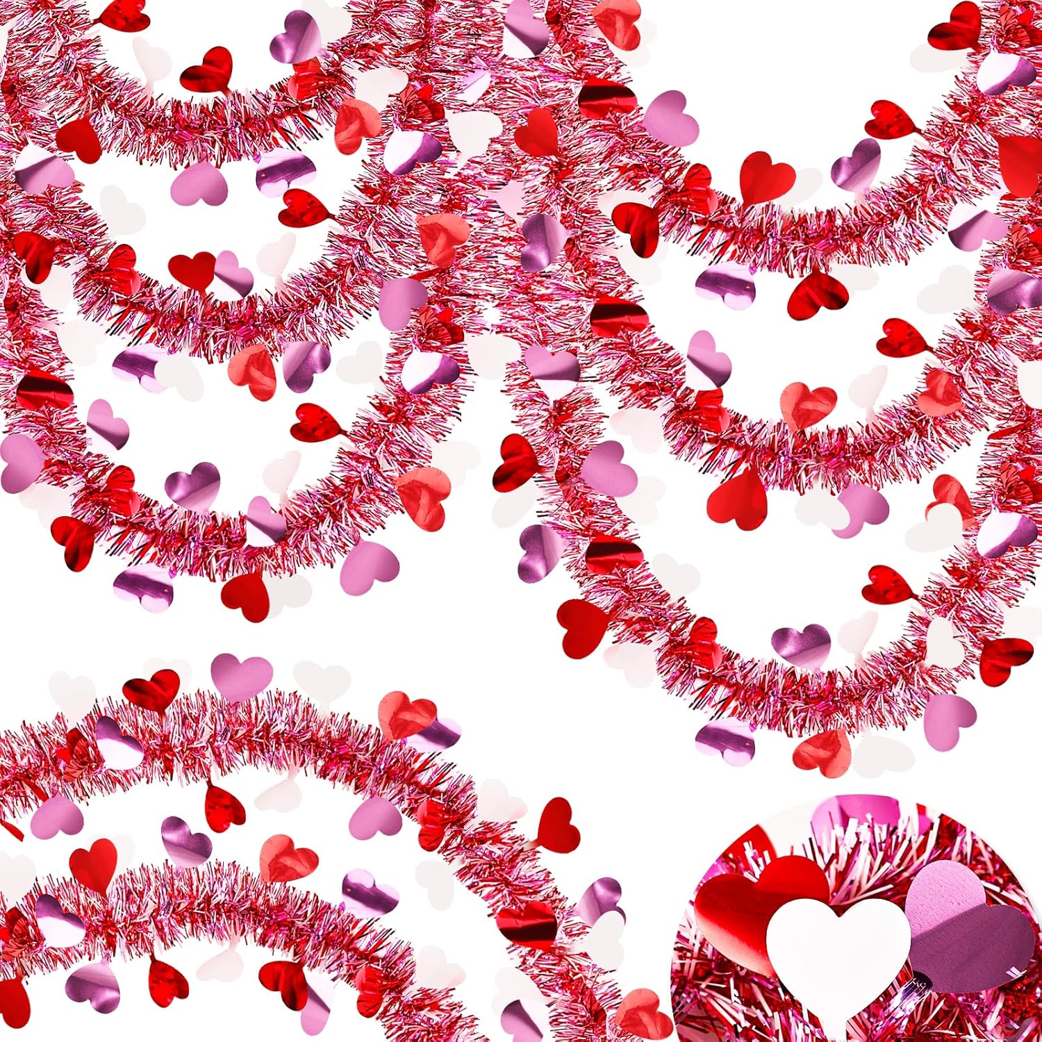66 FT Valentine's Day Tinsel Garland Decor, Red White Pink Heart Tinsel Shiny Twist Metallic Hanging Stairs Railing Ceiling Wedding Party Decorations Valentine's Day Garland for Home Indoor Supplies