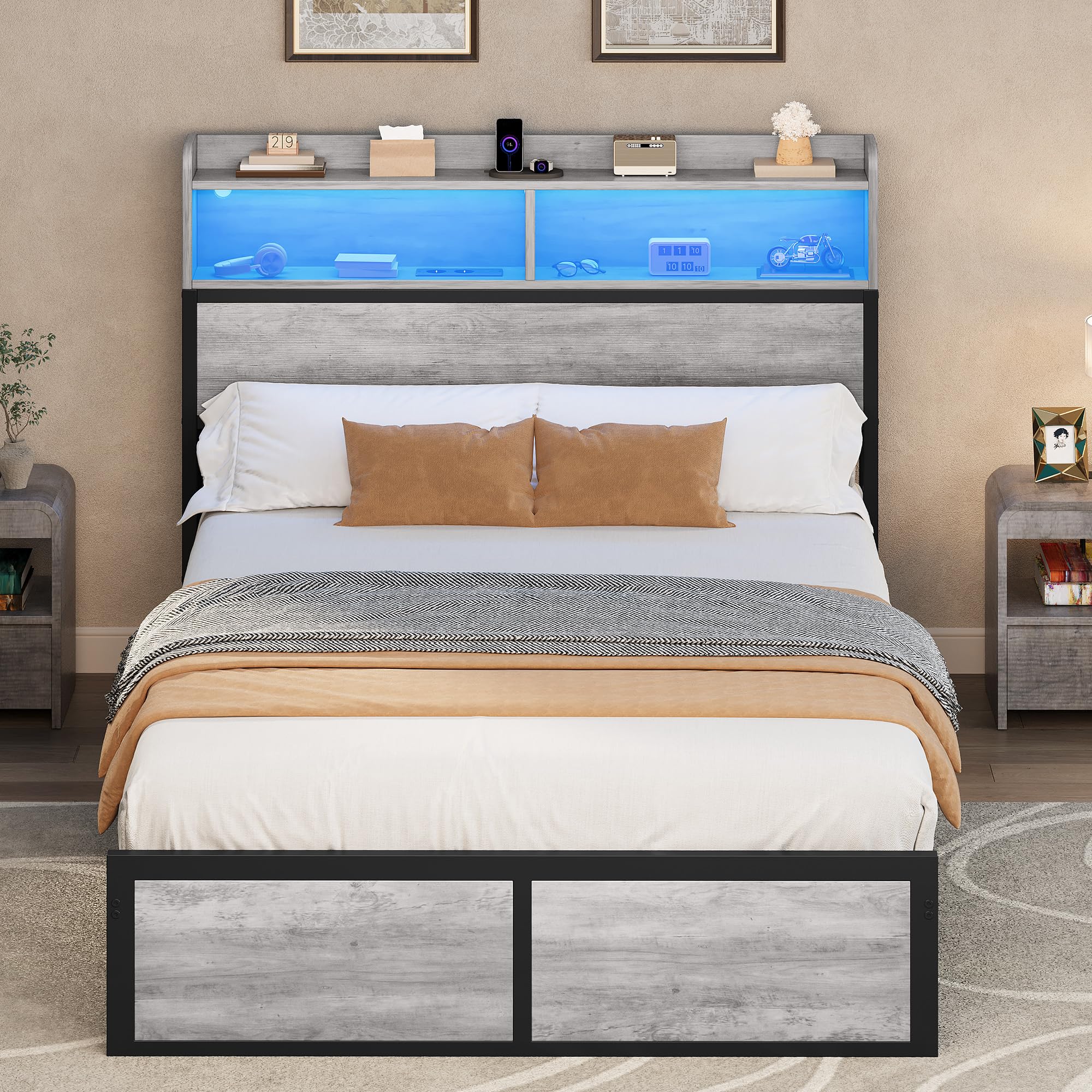 YITAHOME Estructura de Cama LED con cabecero, Puertos USB y Salidas de Carga, Plataforma de Metal, Marco de Cama con 2 estantes, no Requiere colchón, Gris, 200 x 140 cm