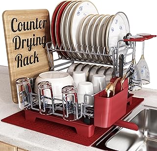 BOOSINY 2 Tier Red Large Stainless Steel Dish Drainers Drying Rack for Kitchen Counter with Drainboard, Rust Proof Metal, Space Saving, Modern Aesthetic, Compact Plates Strainers with Extra Mat