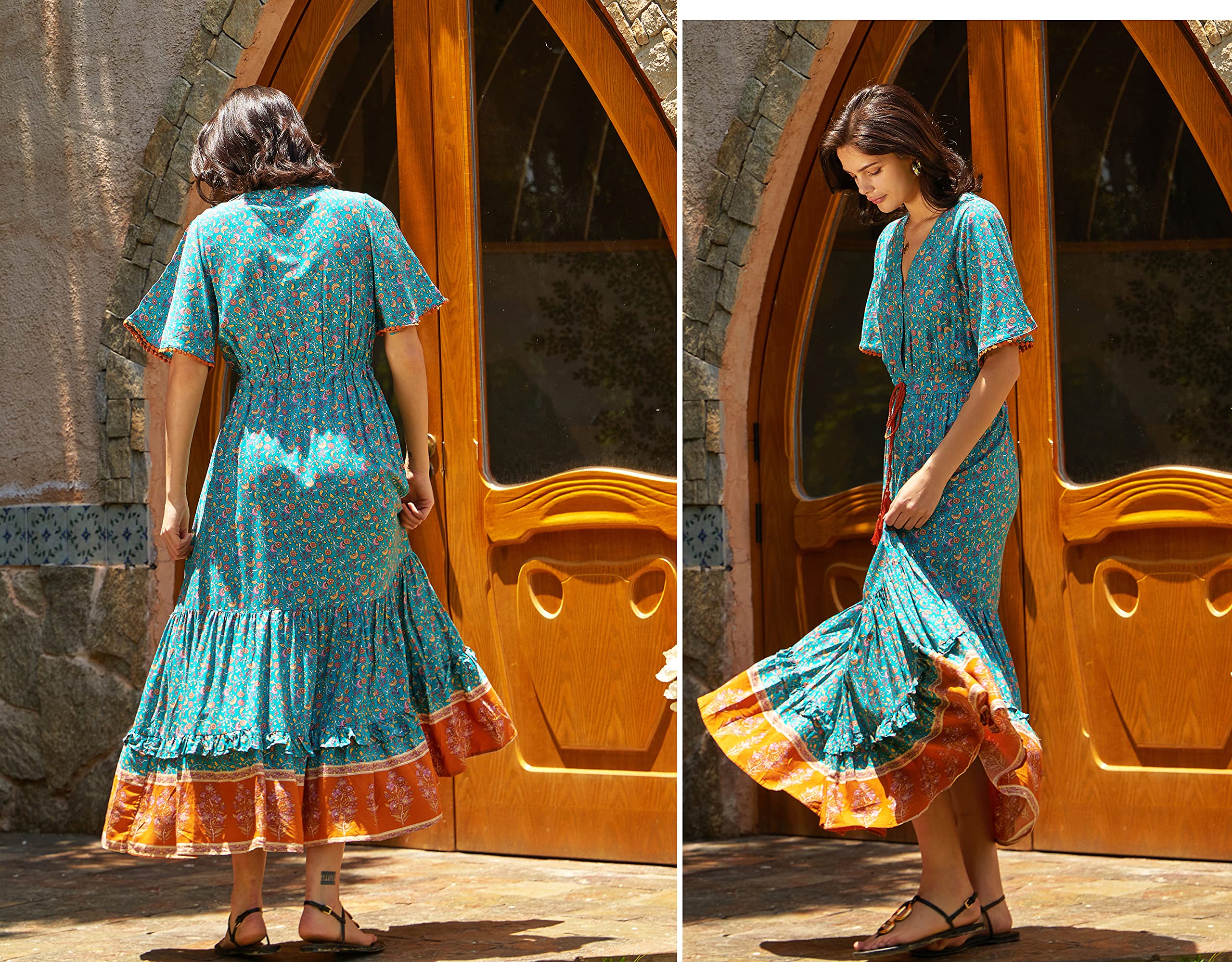 R.Vivimos Abito Boho Estivo Donna Abito Sexy Scollo a V Bottoni Manica Corta Vestito Elegante con Volant Orlo Abito Lungo Maxi da Spiaggia Casual per Le Vacanze(XL,Verde)