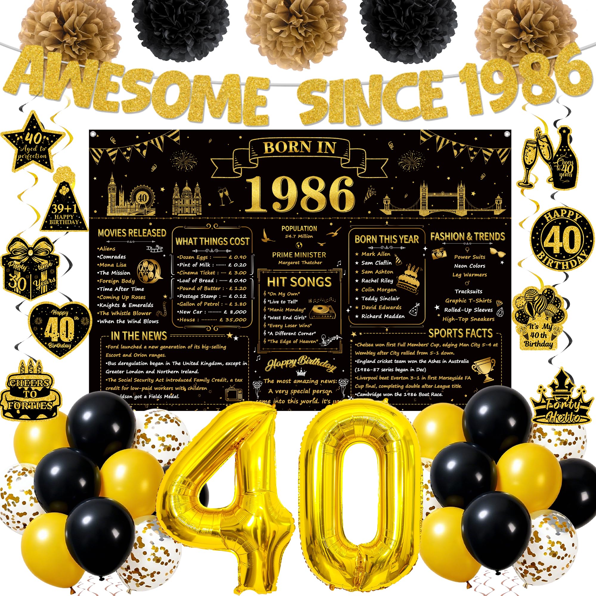 40th Birthday Decorations Men Women - Awesome Since 1986 Banner Backdrop Number 40 Balloons, Paper Pom Poms and Hanging Swirls for 40 Year Old Birthday Party Supplies