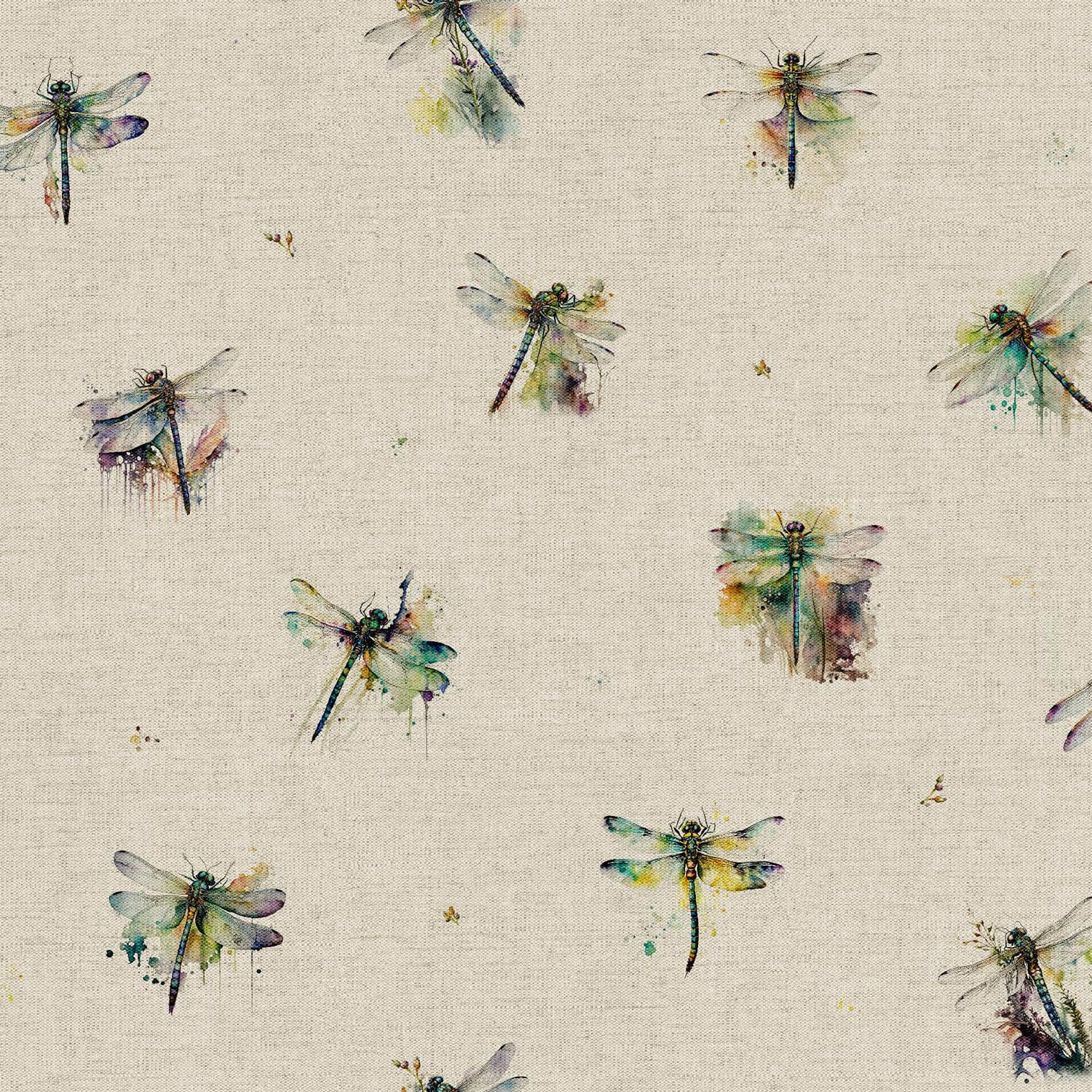 Cotton Rich Linen Look Upholstery Fabric 'Dragonflies' Digital Print - Per Metre - 140 cm Wide