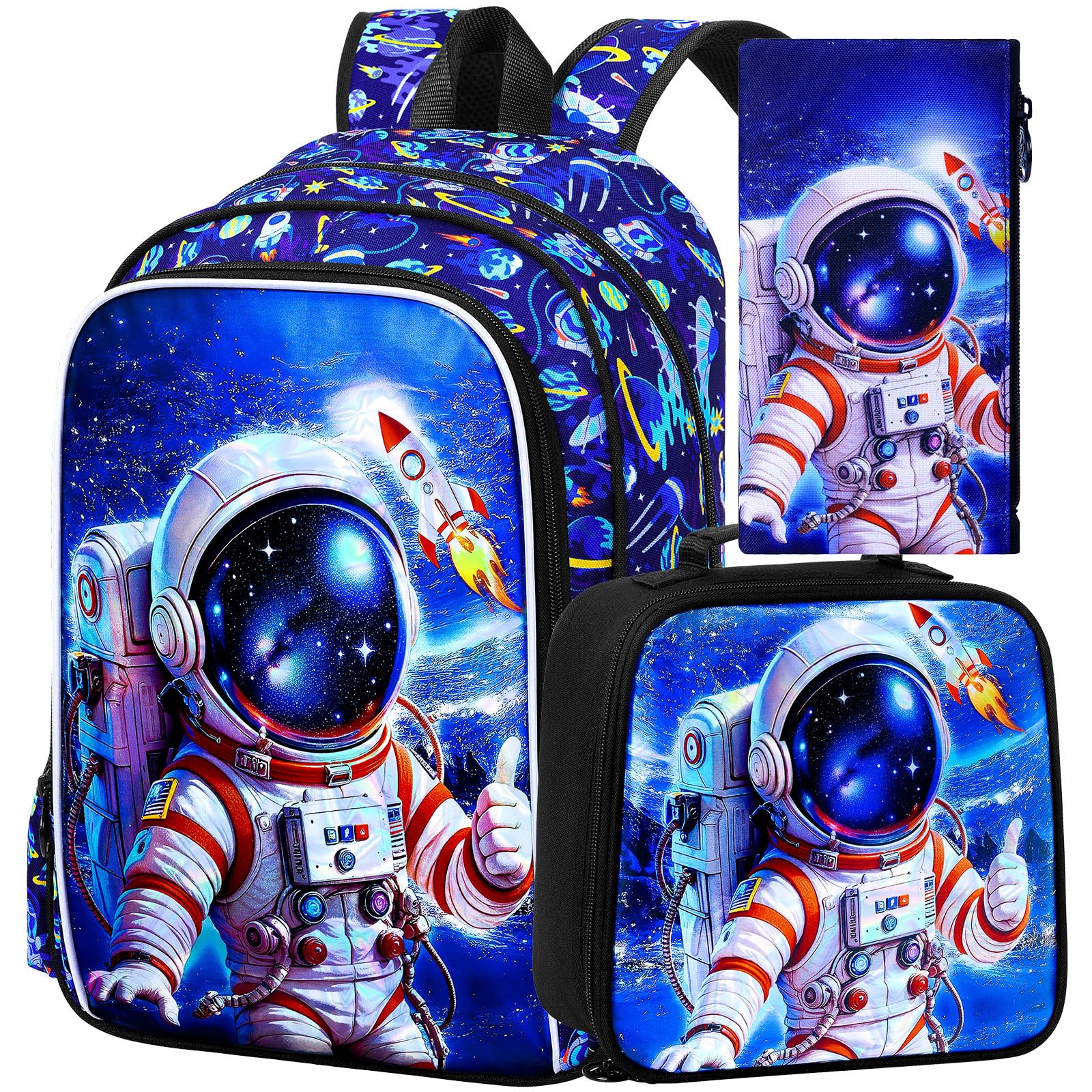 16" Astronaut Backpack for Boys, 3Pcs Space Kids Bookbag with Lunch Box, School Backpacks Set for Elementary Preschool Kindergarten(Blue)