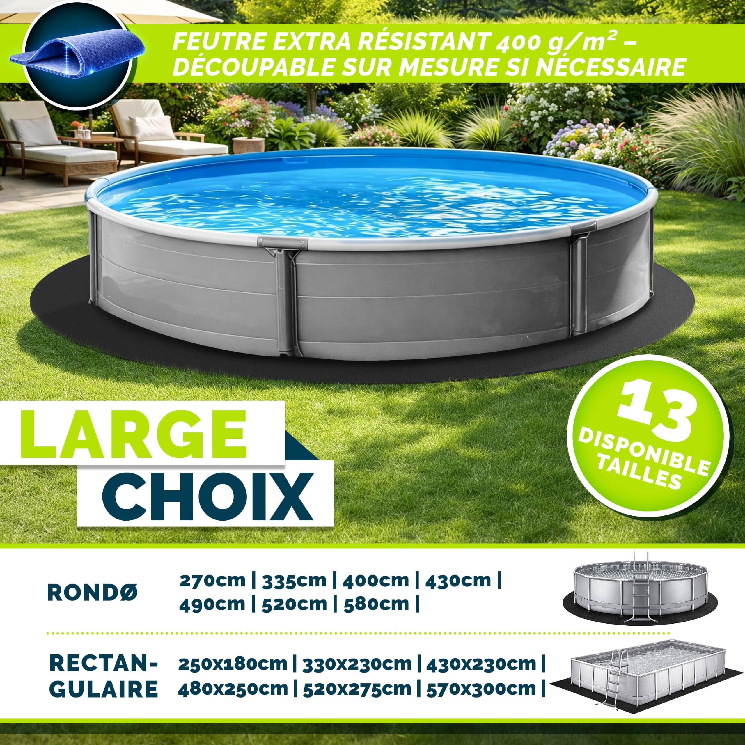 tillvex® Tapis de piscine de qualité supérieure 400 g/m² - Géotextile - Bâche de sol à découper - Tapis de protection de sol pour piscines et piscine - Tapis de protection de sol indéchirable (rond